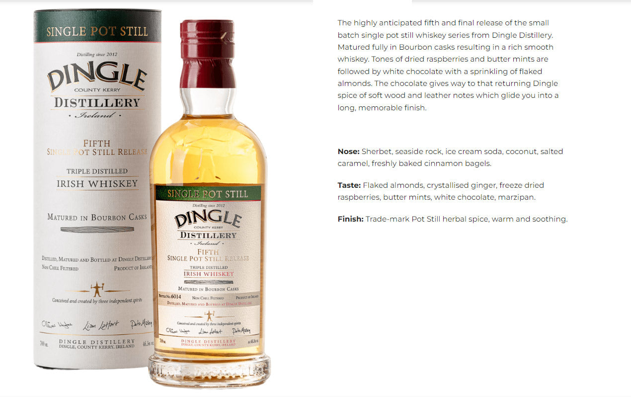 Dingle Single Pot Still Batch 5 Triple Distilled Matured in Bourbon Casks Irish Whiskey ABV 46.5% 70cl / 700ml with Gift Box