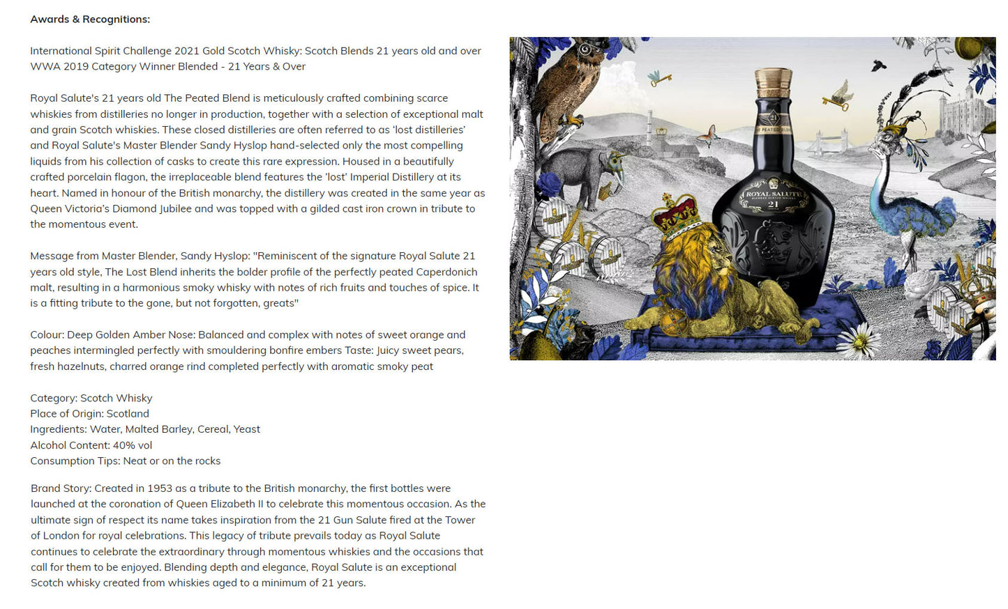 Royal Salute 21 Years Old The Peated Blend with Rare Whiskies No Longer in Production Blended Scotch Whisky ABV 40% Vol 70cl / 700ml