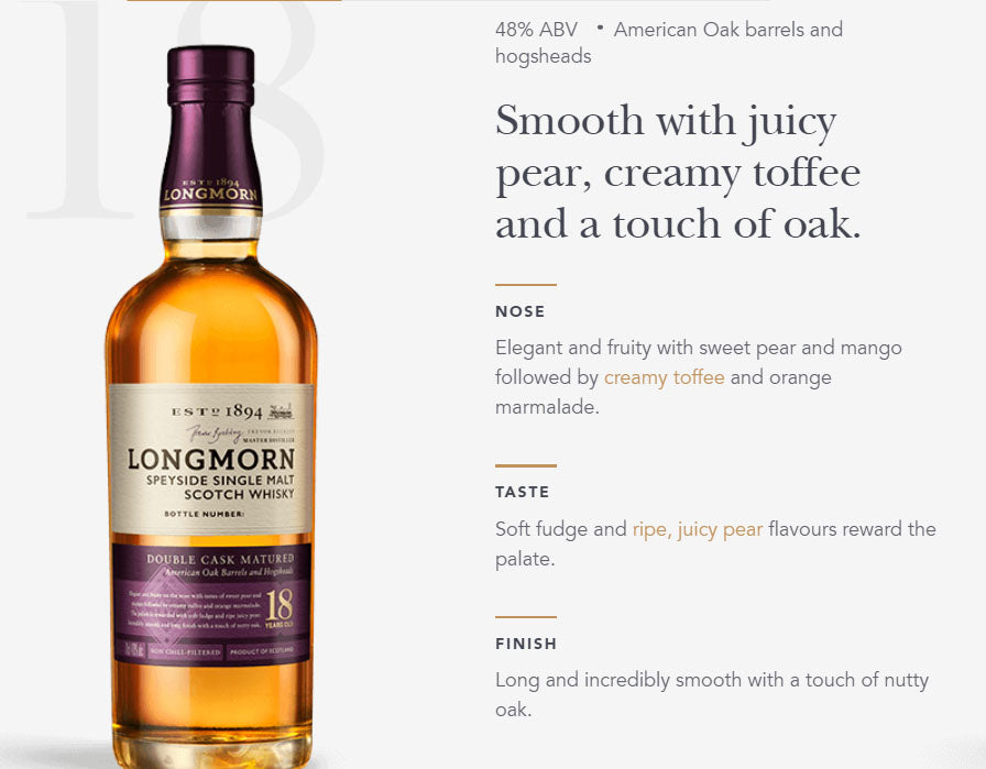 Longmorn 18 Years Old Double Cask Matured American Oak Barrels and Hogsheads Limited Release Speyside Single Malt Scotch Whisky ABV 48% Vol 70cl / 700ml