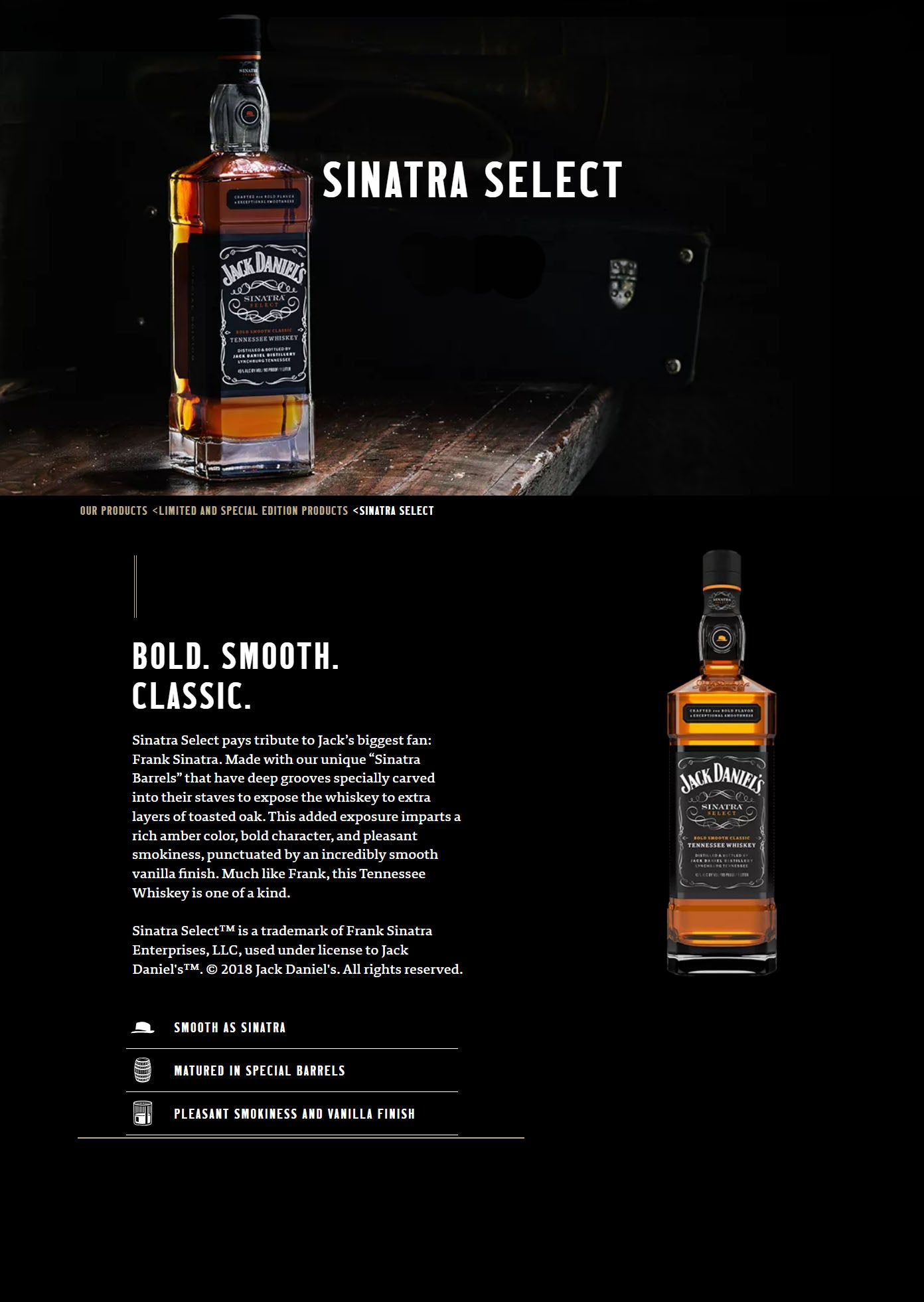 Jack Daniel's Sinatra Select Bold Smooth Classic Tennessee Whiskey ABV 45% Vol 100cl / 1000ml / 1L (No Box)