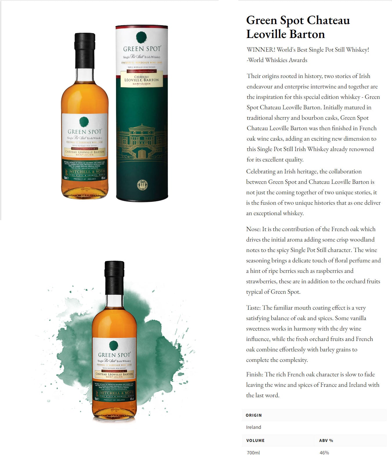 Green Spot Chateau Leoville Barton Single Pot Still Finished in Bordeaux Wine Casks Irish Whiskey ABV 46% Vol 700ml / 70cl