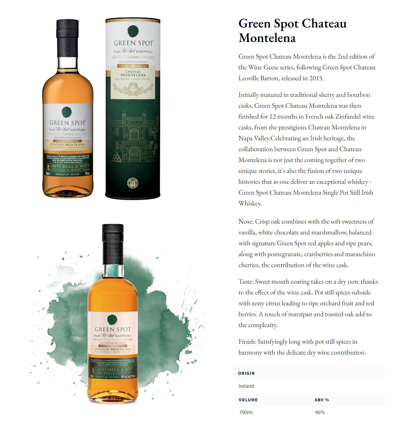 Green Spot Chateau Montelena Single Pot Still Finished in Zinfandel Wine Casks Irish Whiskey ABV 46% Vol 700ml / 70cl