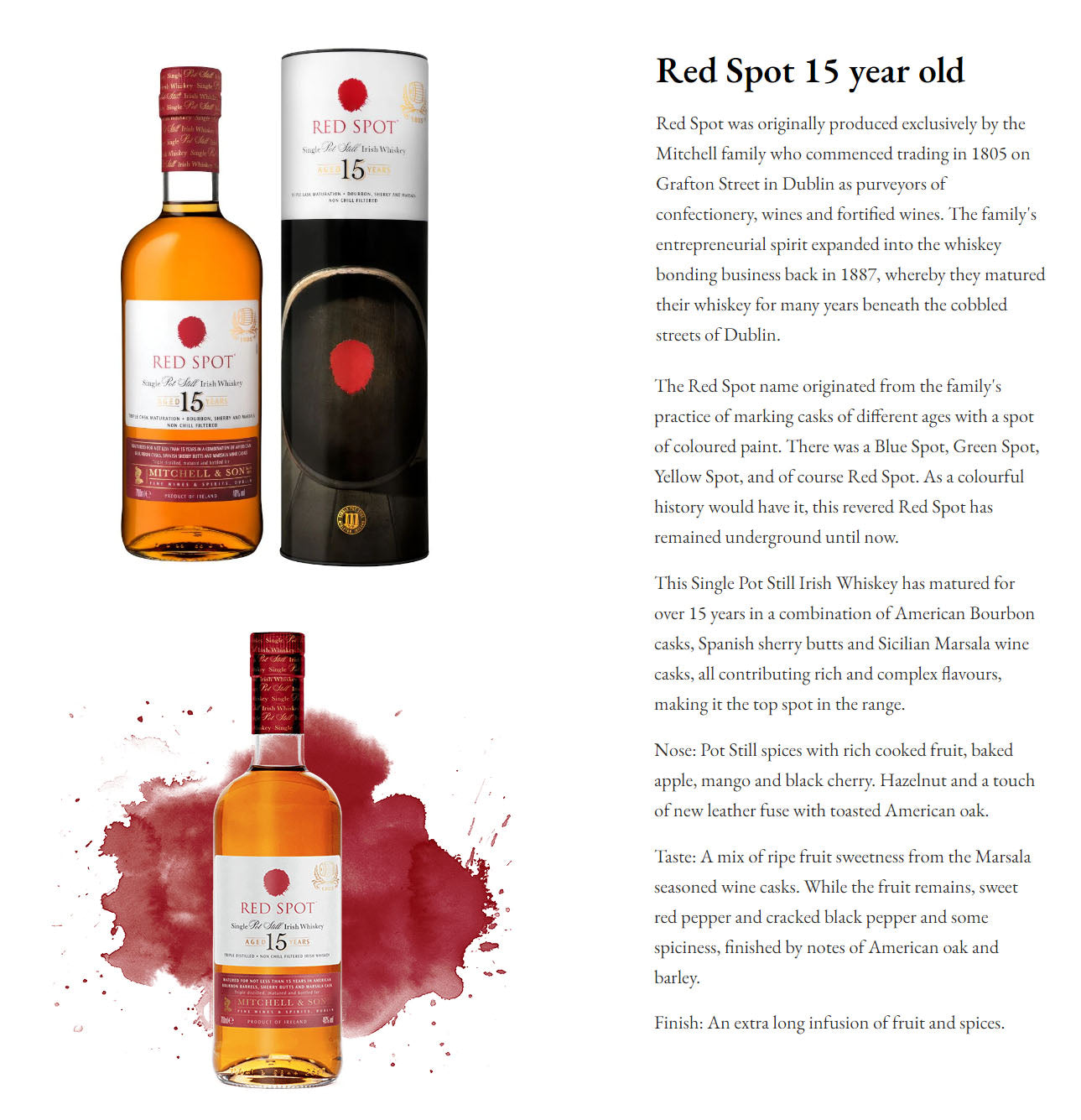 Red Spot 15 Years Single Pot Still Irish Whiskey ABV 46% Vol 700ml / 70cl