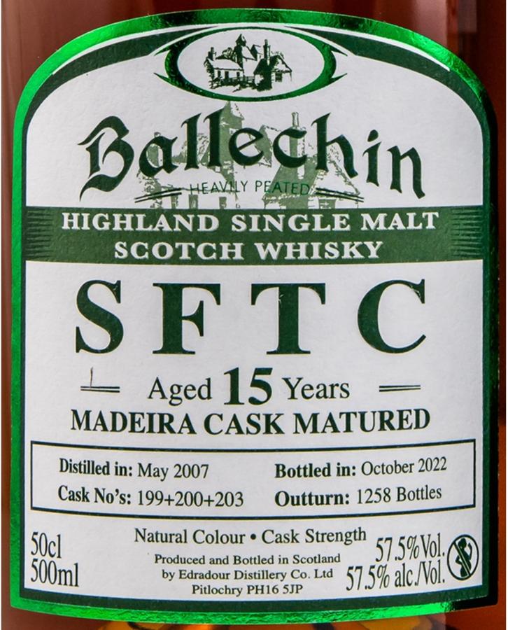 Ballechin 15 Years Old SFTC Madeira Cask Matured 2007 Heavily Peated Cask#199+200+203 Highland Single Malt Scotch Whisky ABV 57.5% Vol 50cl / 500ml