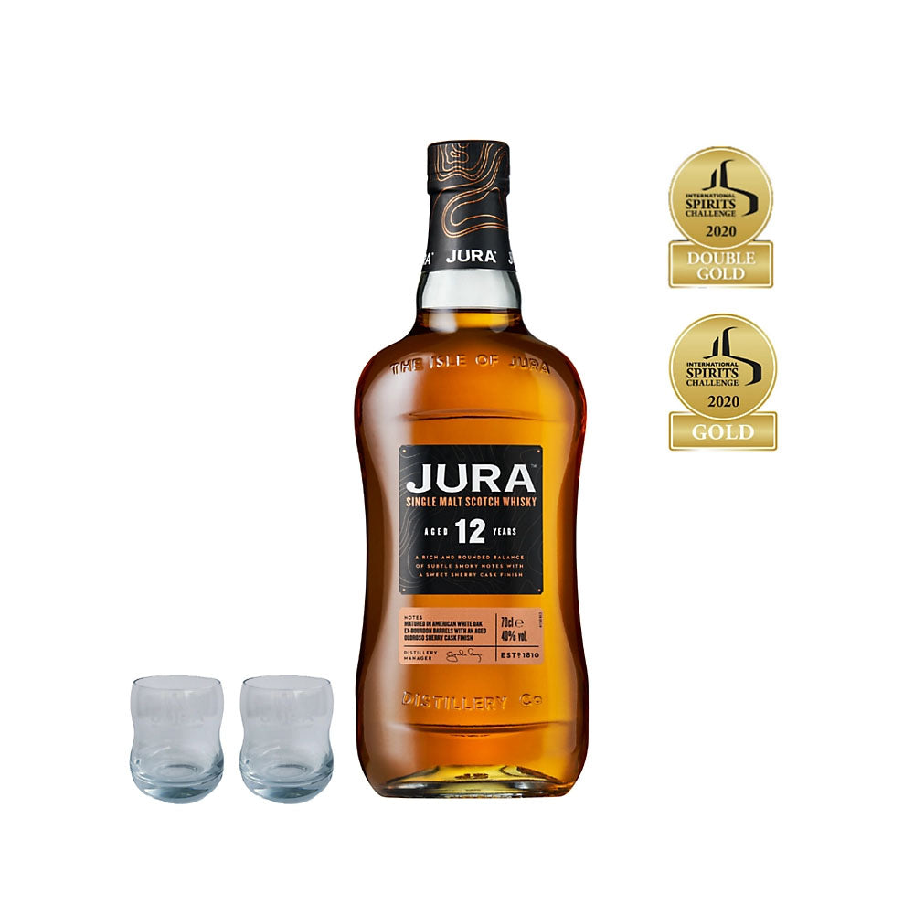 Jura 12 Year Old Island Single Malt Scotch Whisky ABV 40% Vol 70cl / 700ml (With 2 Whisky Glasses Gift Set)