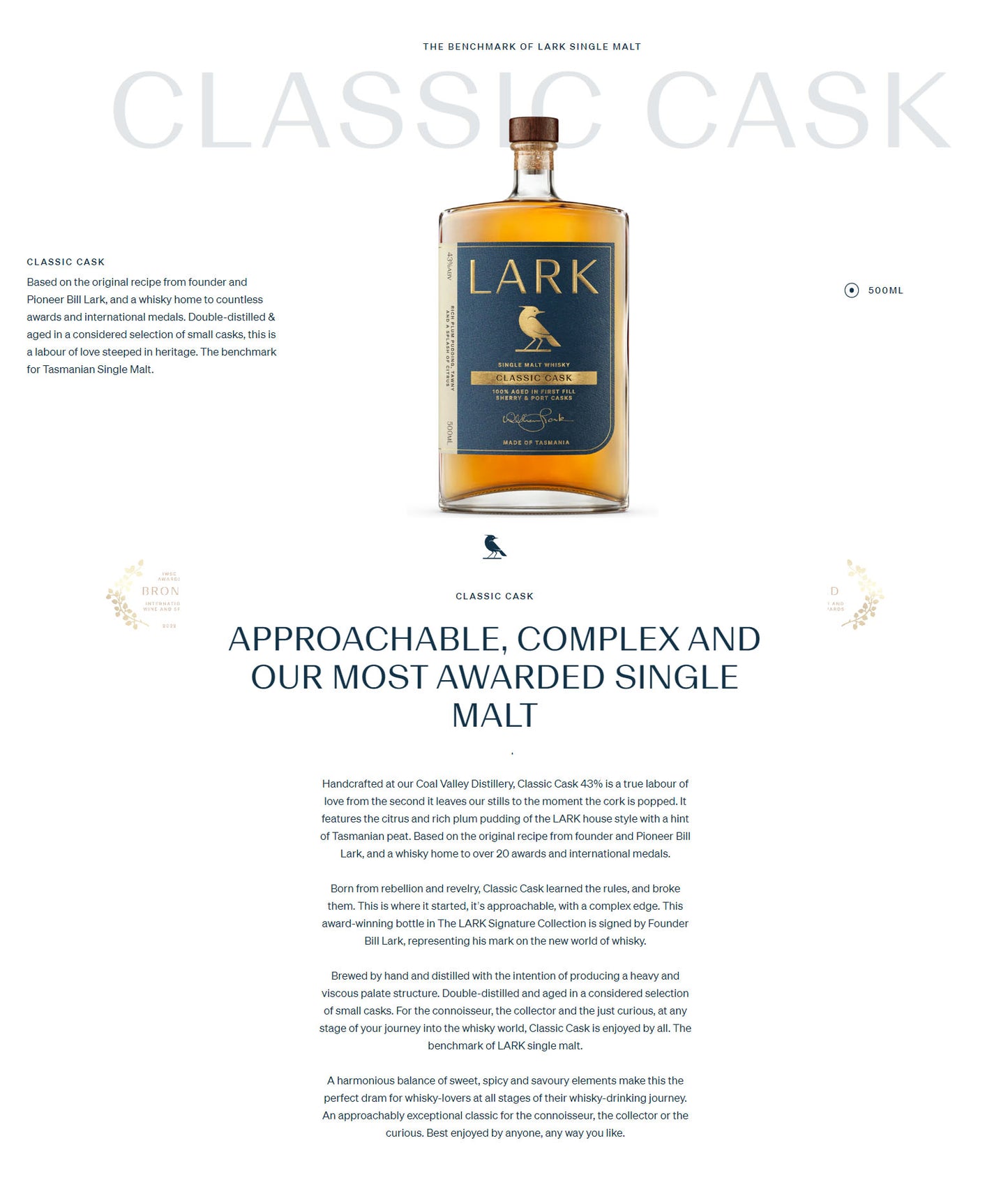 Lark Classic Cask Single Malt Tasmanian Whisky 100% Aged in First Fill Sherry & Port Casks ABV 43% Vol 500ml / 50cl