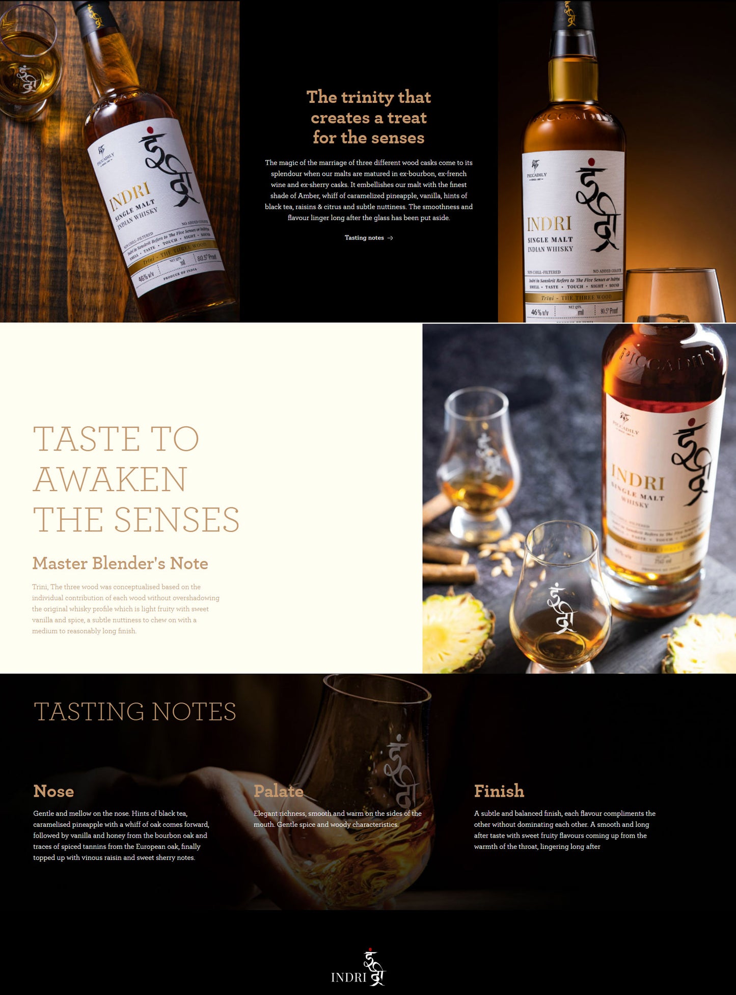 Indri Trini Three Wood Matured in First Filled Bourbon, Ex-French Wines and PX Sherry Casks Single Malt Indian Whisky ABV 46% Vol 70cl / 700ml