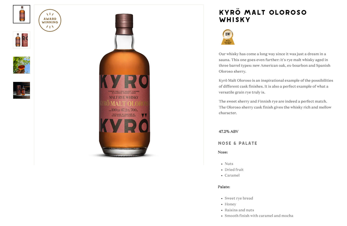 Kyro Oloroso Malt Rye Whisky ABV 47.2% Vol 70cl / 700ml