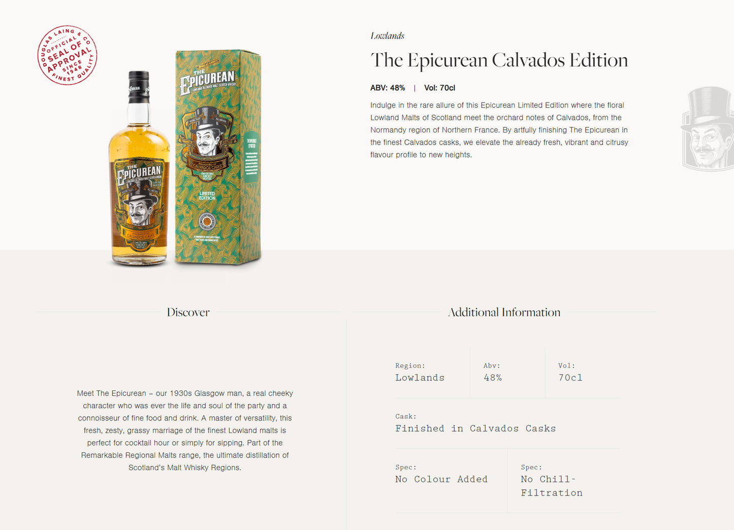 Douglas Laing's The Epicurean Finished in Calvados Casks Limited Edition Lowland Blended Malt Scotch Whisky ABV 48% Vol 70cl / 700ml