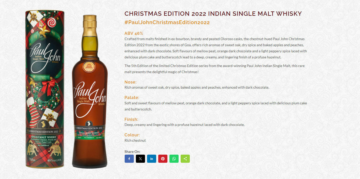 Paul John Christmas Edition 2022 Ex-Bourbon Unpeated, Brandy and Olorosso Peated Casks Indian Single Malt Whisky ABV 46% Vol 70cl / 700ml