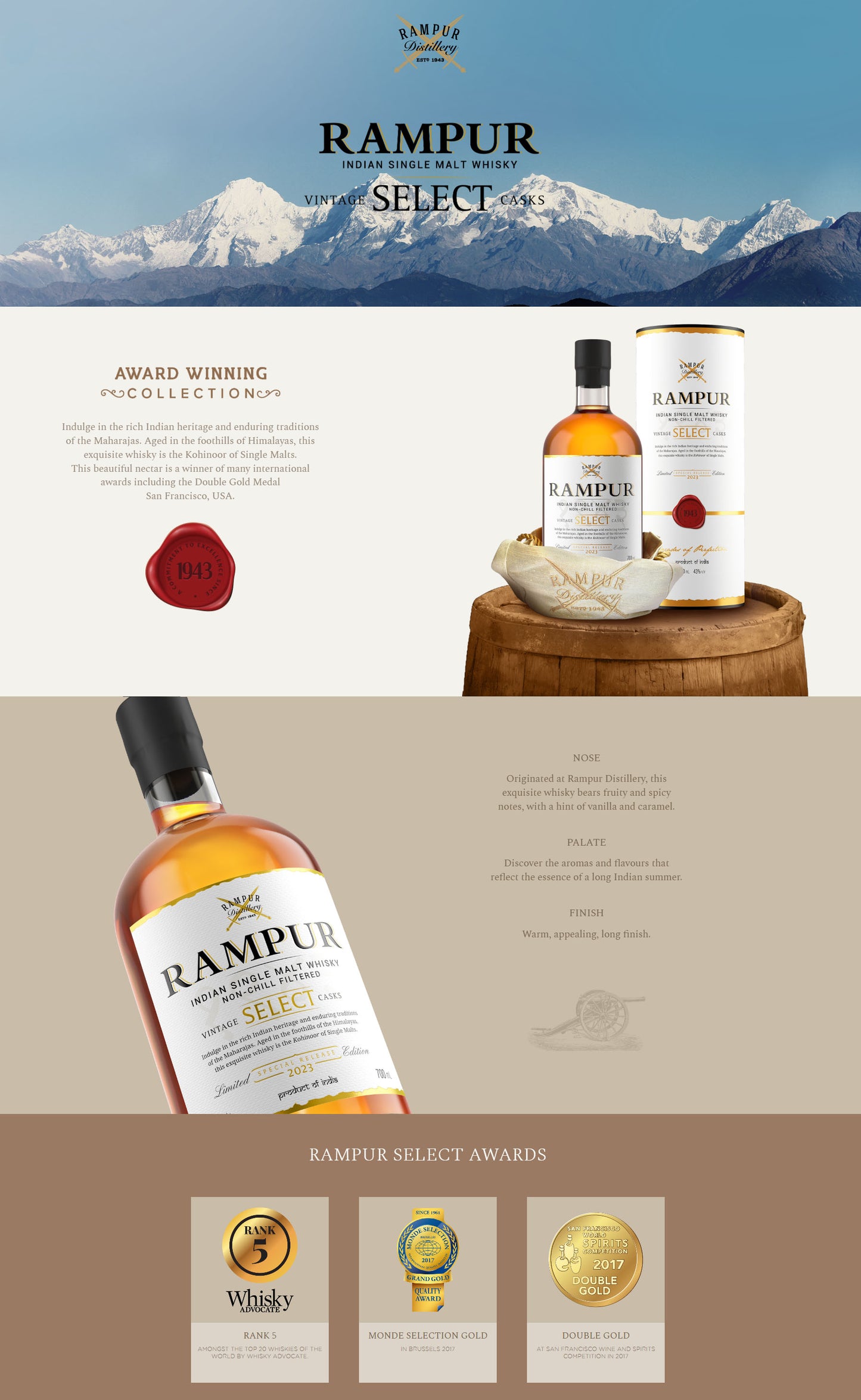 Rampur Select 2023 Limited Release Indian Single Malt Whisky ABV 43% Vol 700ml / 70cl