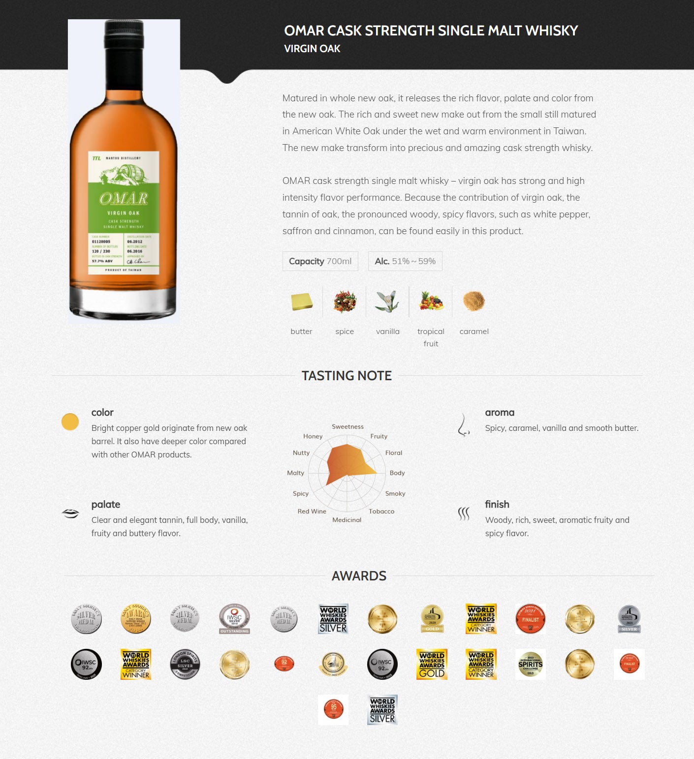 Omar Virgin Oak Cask Strength Single Malt Whisky Product of Taiwan Nantou Distillery TTL ABV 58% Vol 70cl / 700ml