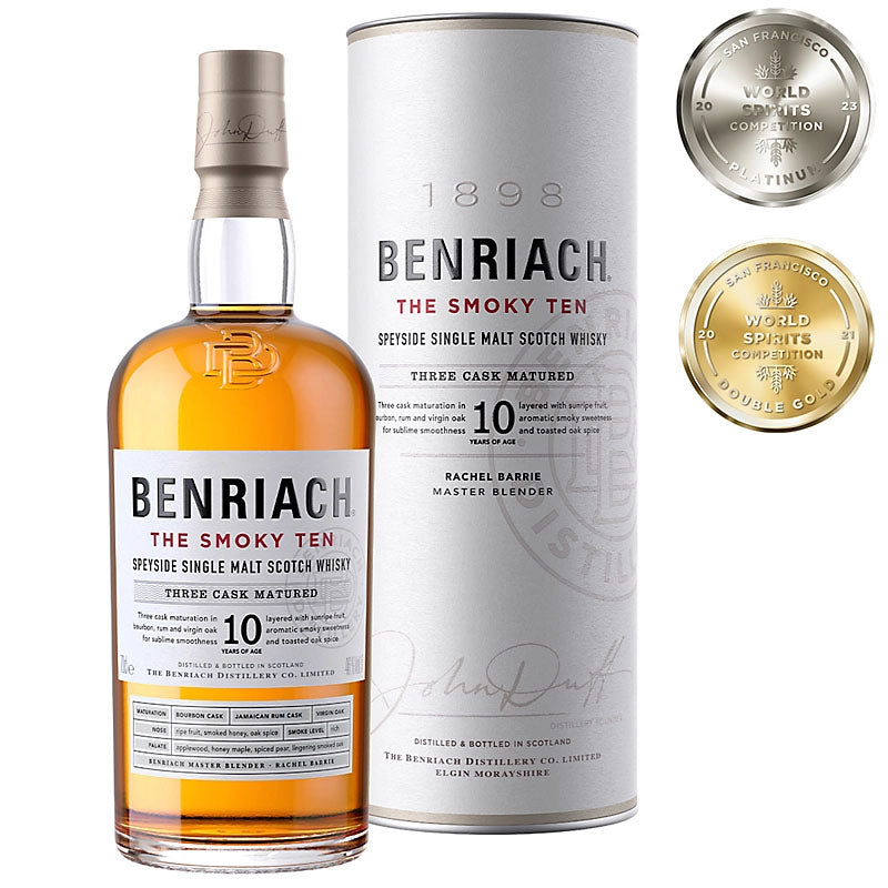 BenRiach The Smoky Ten 10 Year Old Three Cask Matured Speyside Single Malt Scotch Whisky ABV 46% Vol 70cl / 700ml (With Gift Box)