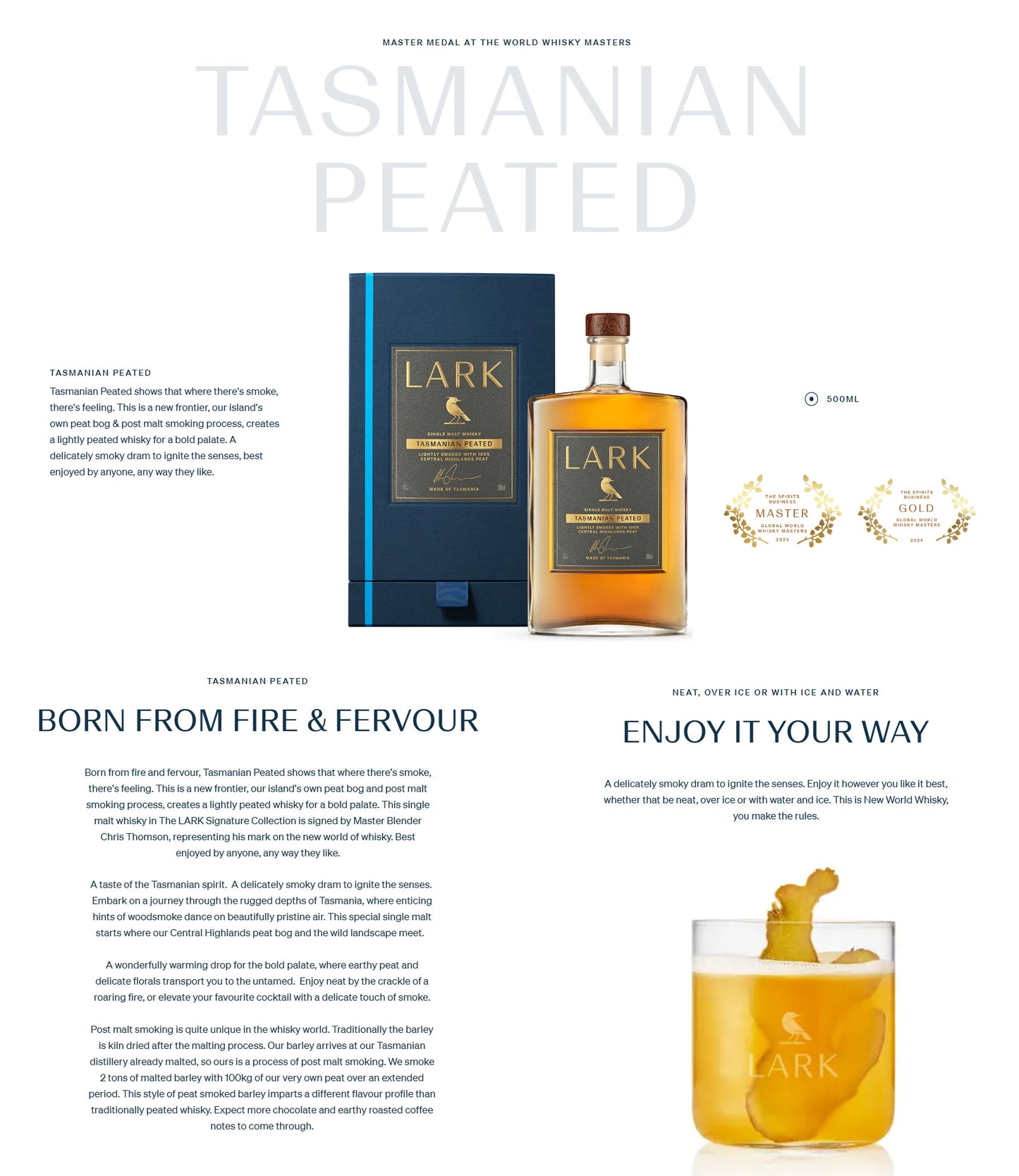 Lark Tasmanian Peated Single Malt Tasmanian Whisky Lightly Smoked with 100% Central Highlands Peat ABV 46% Vol 500ml / 50cl