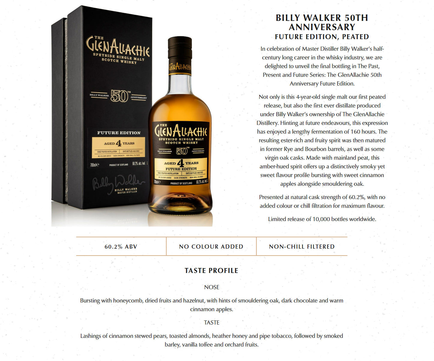 The GlenAllachie 4 Year Old Billy Walker 50th Anniversary Future Edition First Peated Distillation Cask Strength Speyside Single Malt Scotch Whisky ABV 60.2% Vol 70cl / 700ml