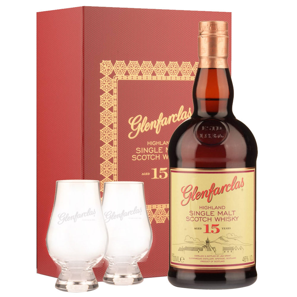 Glenfarclas 15 Single Malt Whisky 700ml with 2 Glencairn Glasses Gift Set