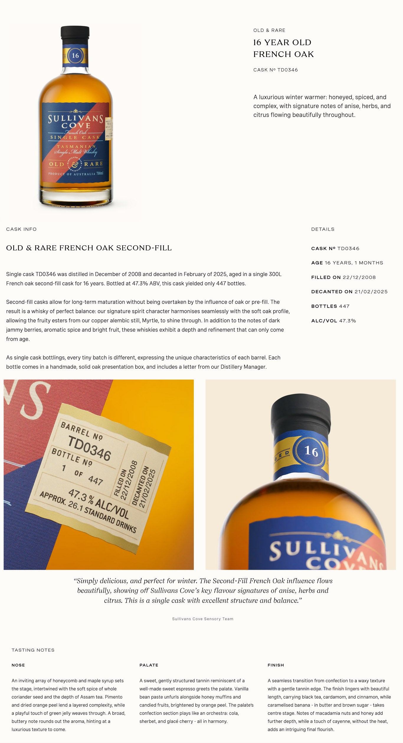 Sullivans Cove 16 Year French Oak Single Cask TD0346 ABV 47.30% 700ml