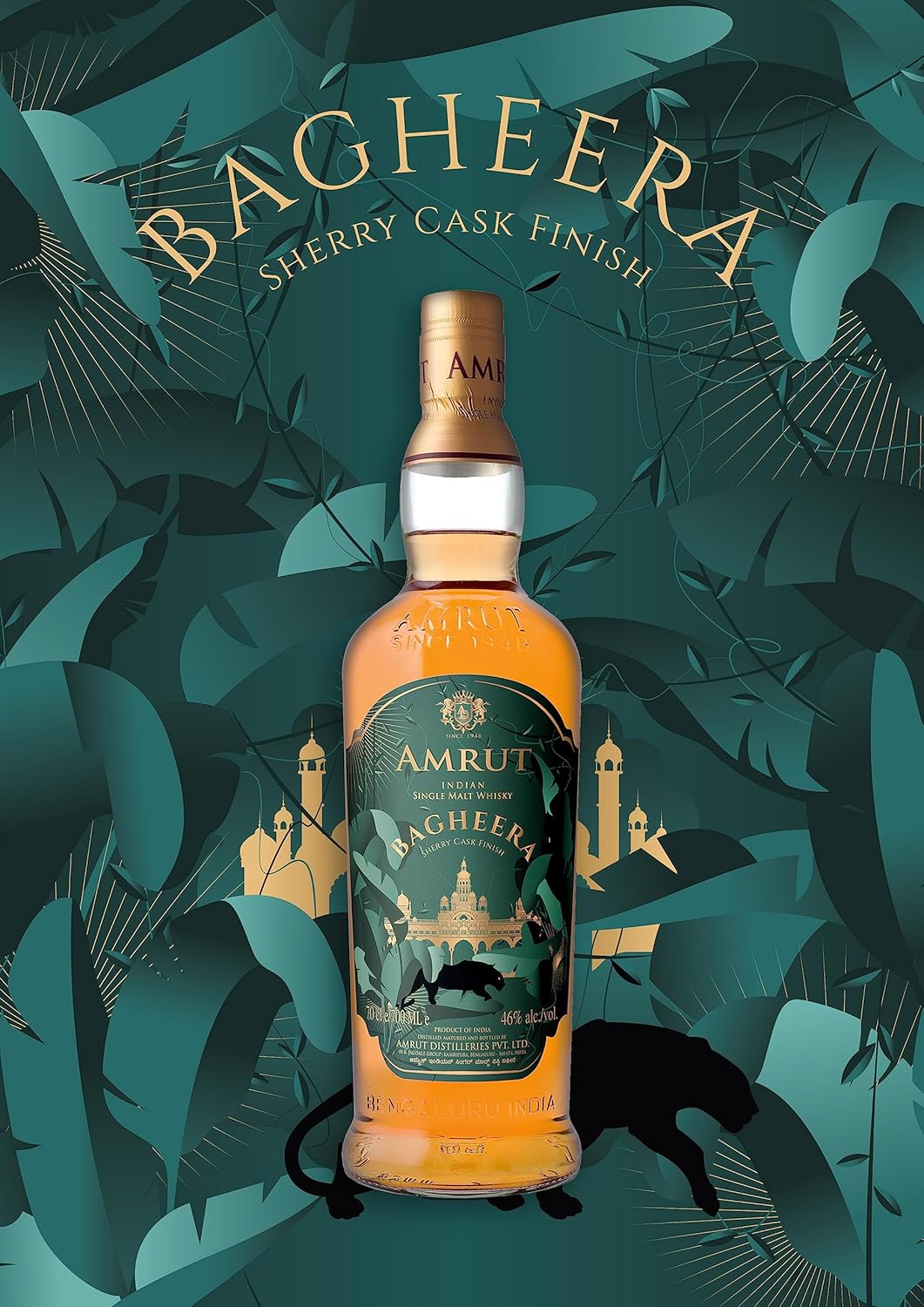 Amrut Bagheera Sherry Cask Finish Indian Single Malt Whisky ABV 46% 70cl / 700ml with 2 Glasses (No Box)
