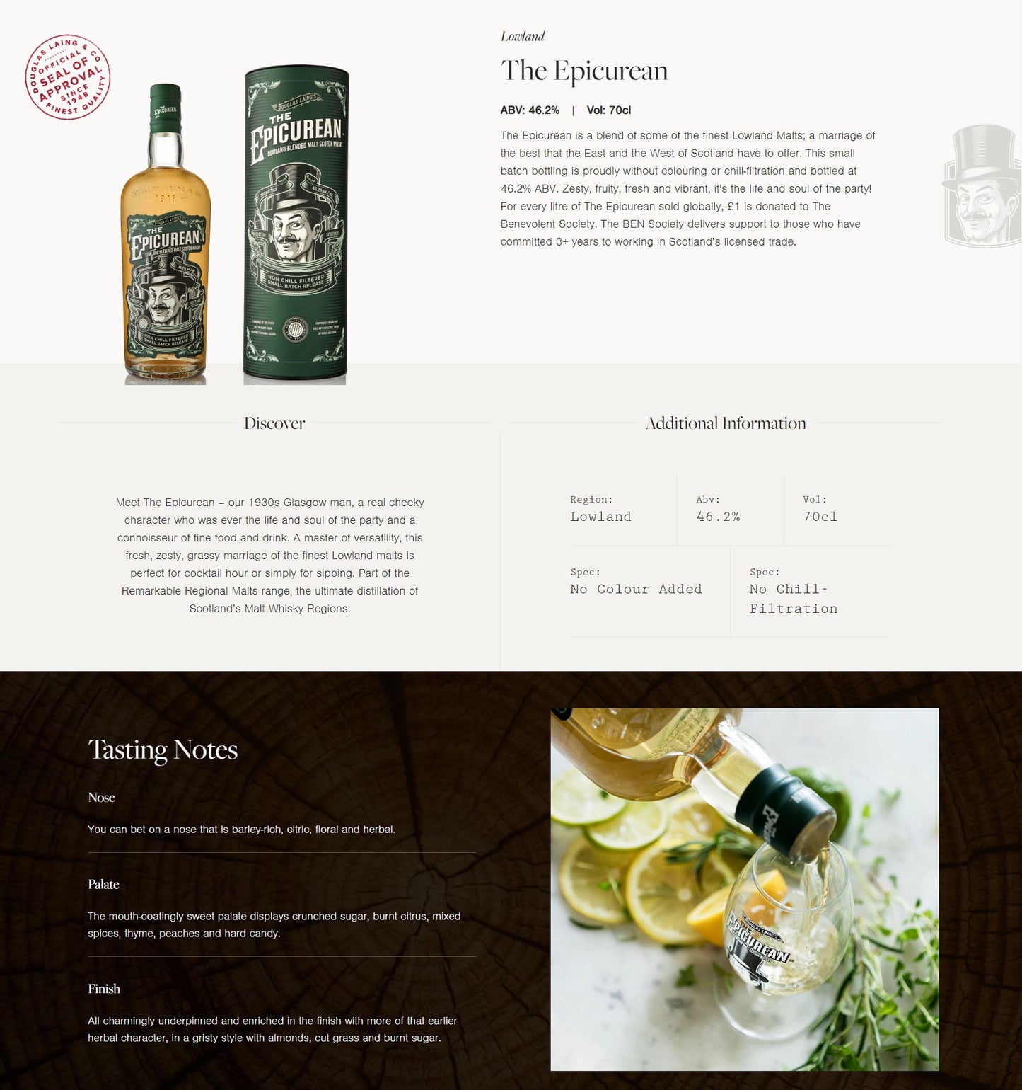 Douglas Laing's The Epicurean Lowland Blended Malt Scotch Whisky ABV 46.2% Vol 700ml / 70cl With Gift Box