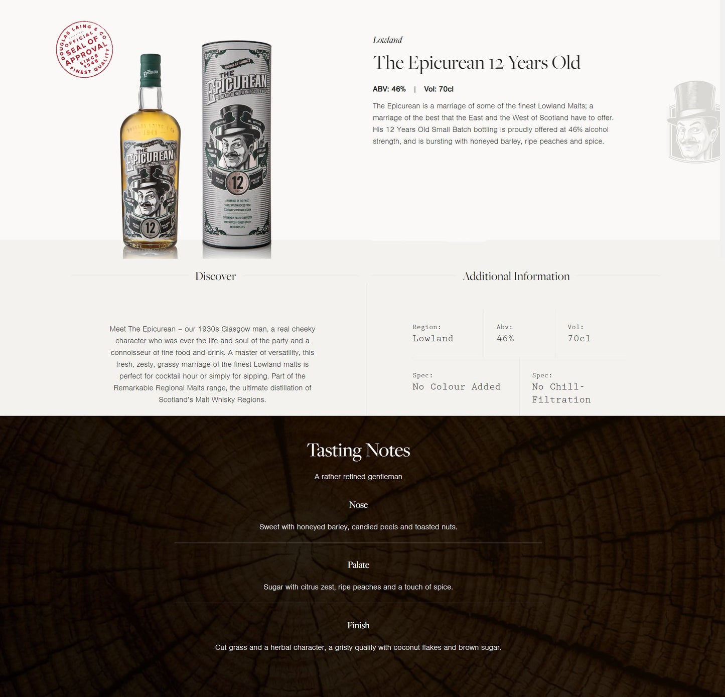 Douglas Laing's The Epicurean 12 Year Old Small Batch Release Lowland Blended Malt Scotch Whisky ABV 46% Vol 700ml / 70cl With Gift Box