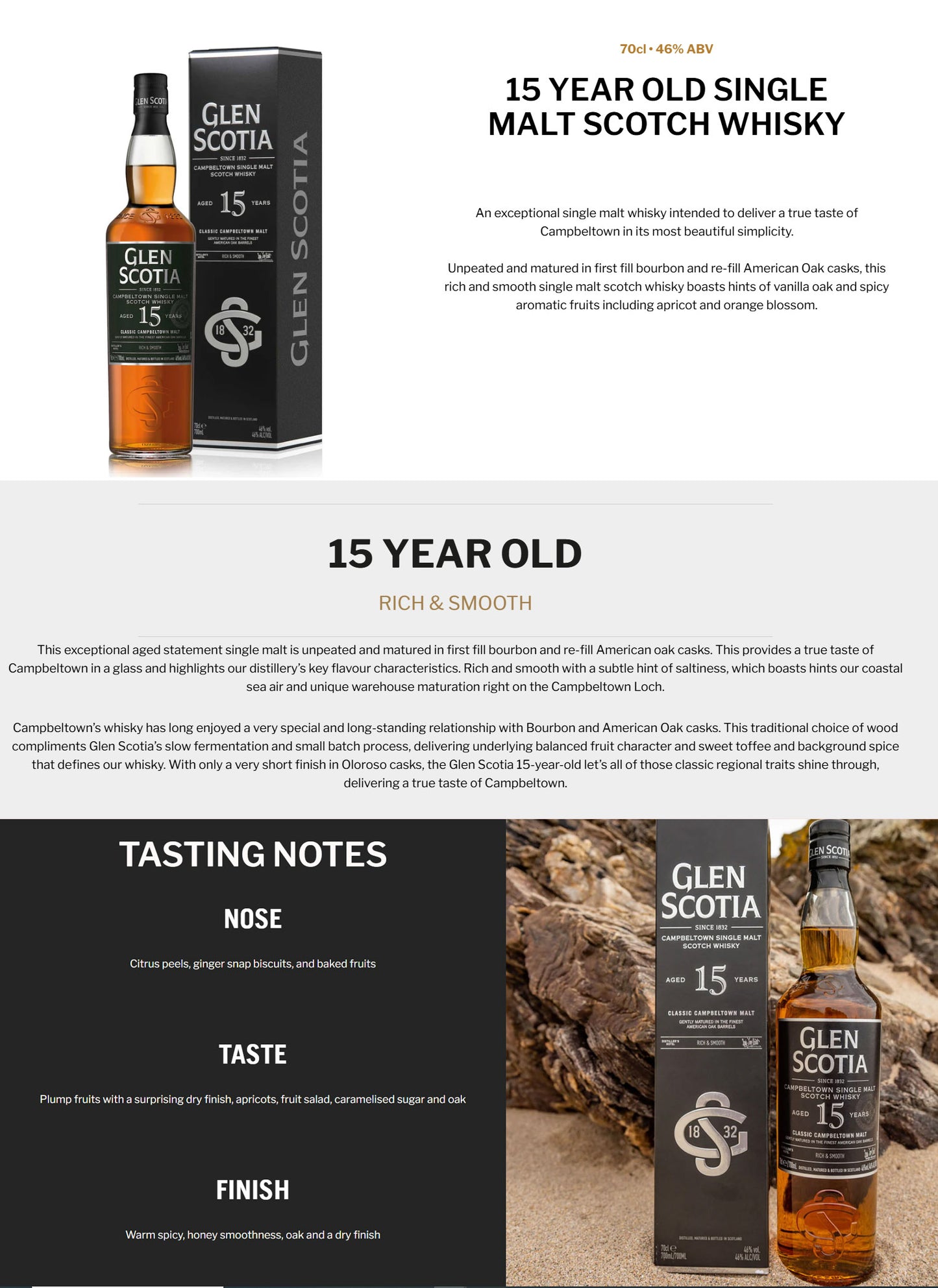 Glen Scotia 15 Year Old Gently Matured in the Finest American Oak Barrels Classic Campbeltown Single Malt Scotch Whisky ABV 46% Vol 70cl / 700ml