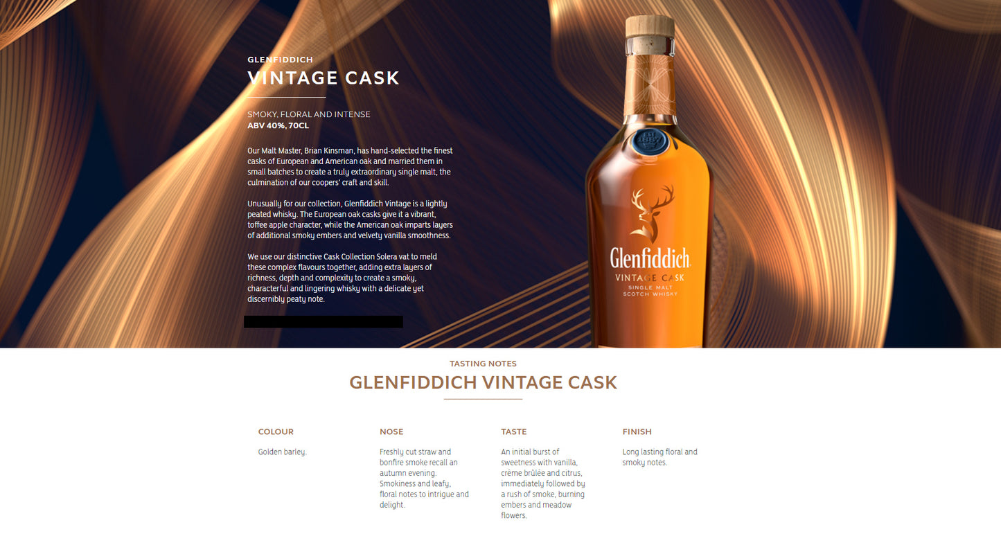 Glenfiddich Vintage Cask Peated Single Malt Scotch Whisky ABV 40% Vol 70cl / 700ml