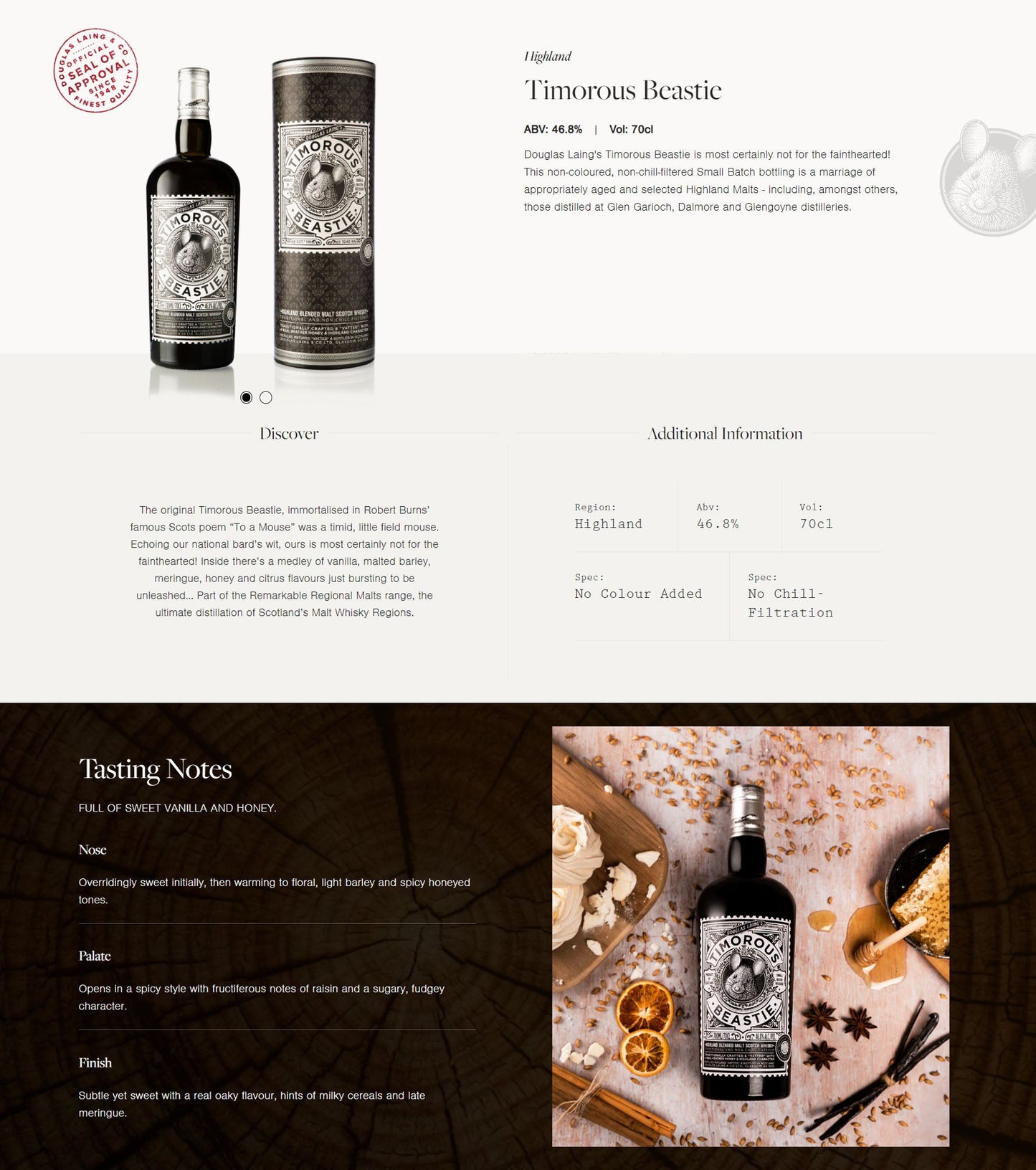 Douglas Laing's Timorous Beastie Small Batch Release Highland Blended Malt Scotch Whisky ABV 46.8% Vol 70cl / 700ml (With Gift Box)