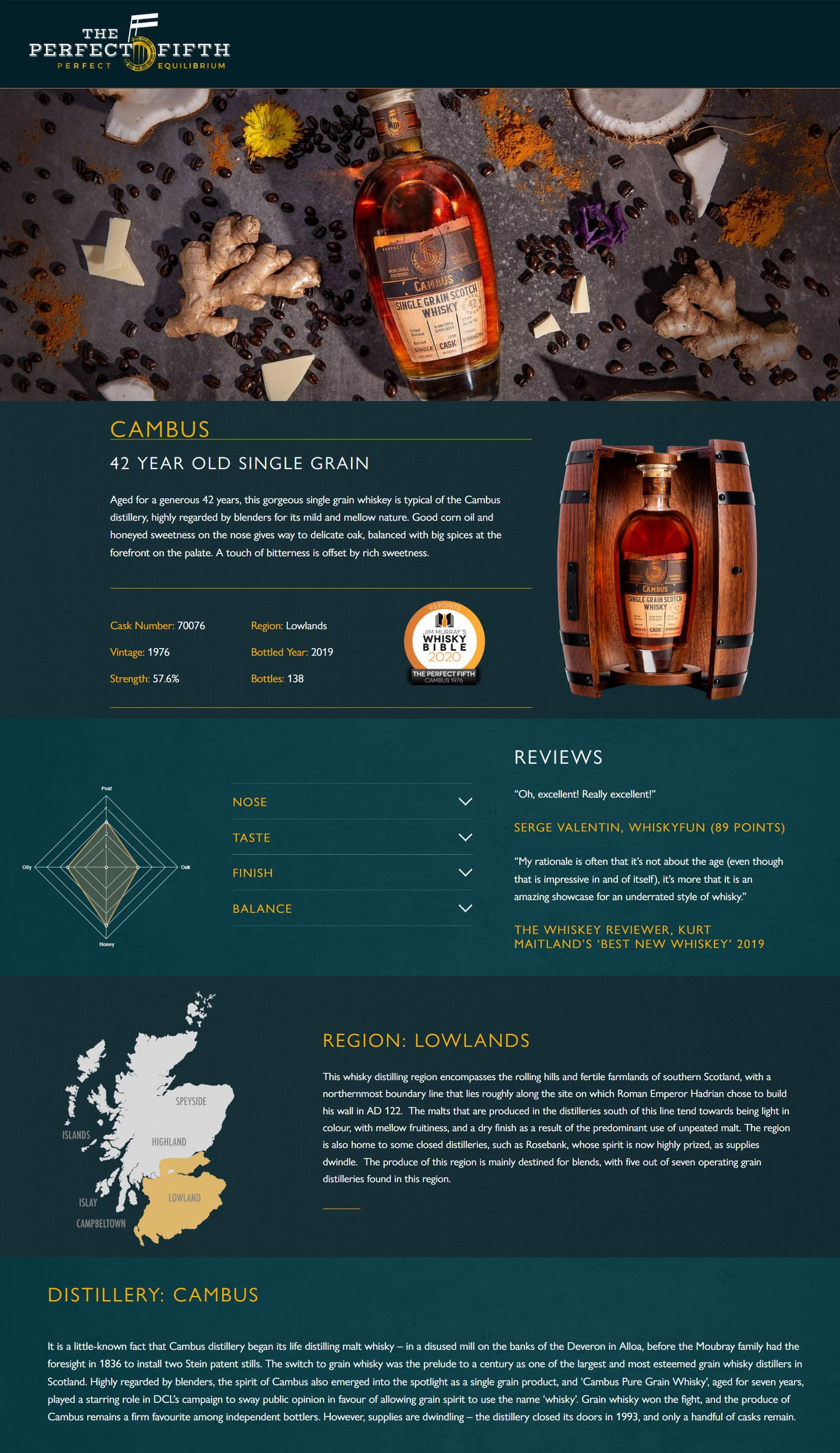 Cambus 42 Year Distilled 1976 Bottled 2019 (The Perfect Fifth Equilibrium) Single Cask, Cask Strength Lowland Single Grain Scotch Whisky ABV 57.6% Vol 75cl / 750ml