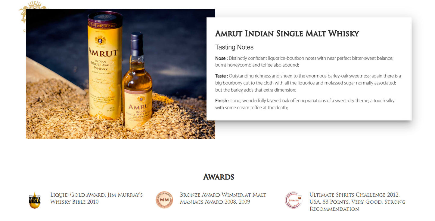 Amrut (Made from Selected Indian Barley Nurtured by Water Flowing from the Great Himalayas) Indian Single Malt Whisky ABV 46% 70cl / 700ml