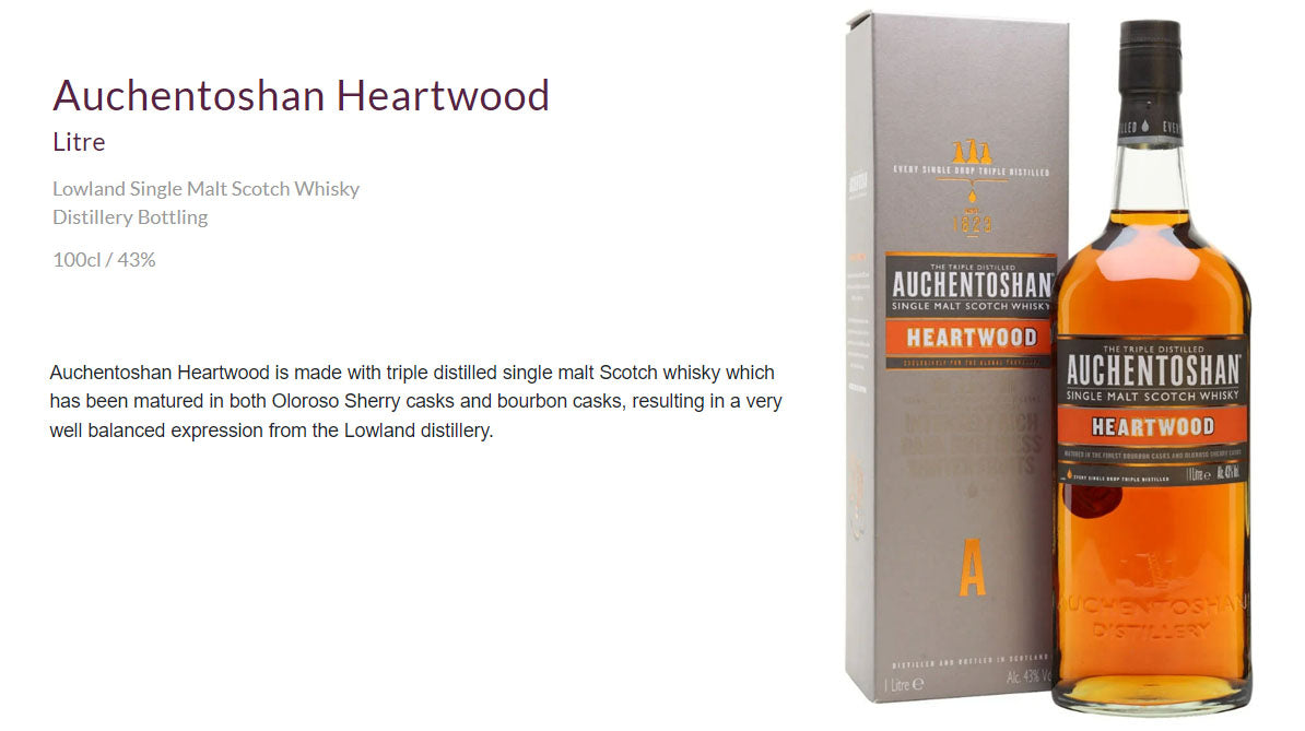 Auchentoshan Triple Distilled Heartwood Lowland Single Malt Scotch Whisky ABV 40% Vol 100cl / 1000ml / 1L with Box