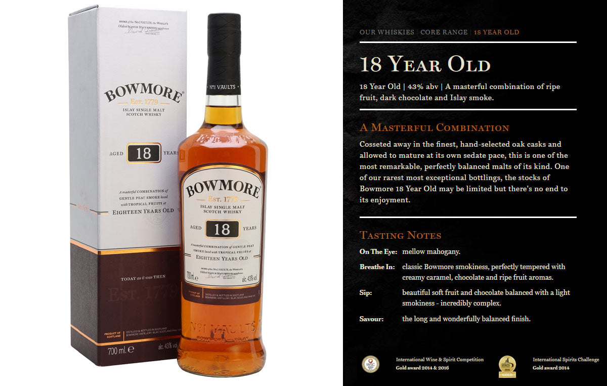 Bowmore 18 Year old Islay Single Malt Scotch Whisky ABV 43% Vol 700ml / 70cl With Gift Box