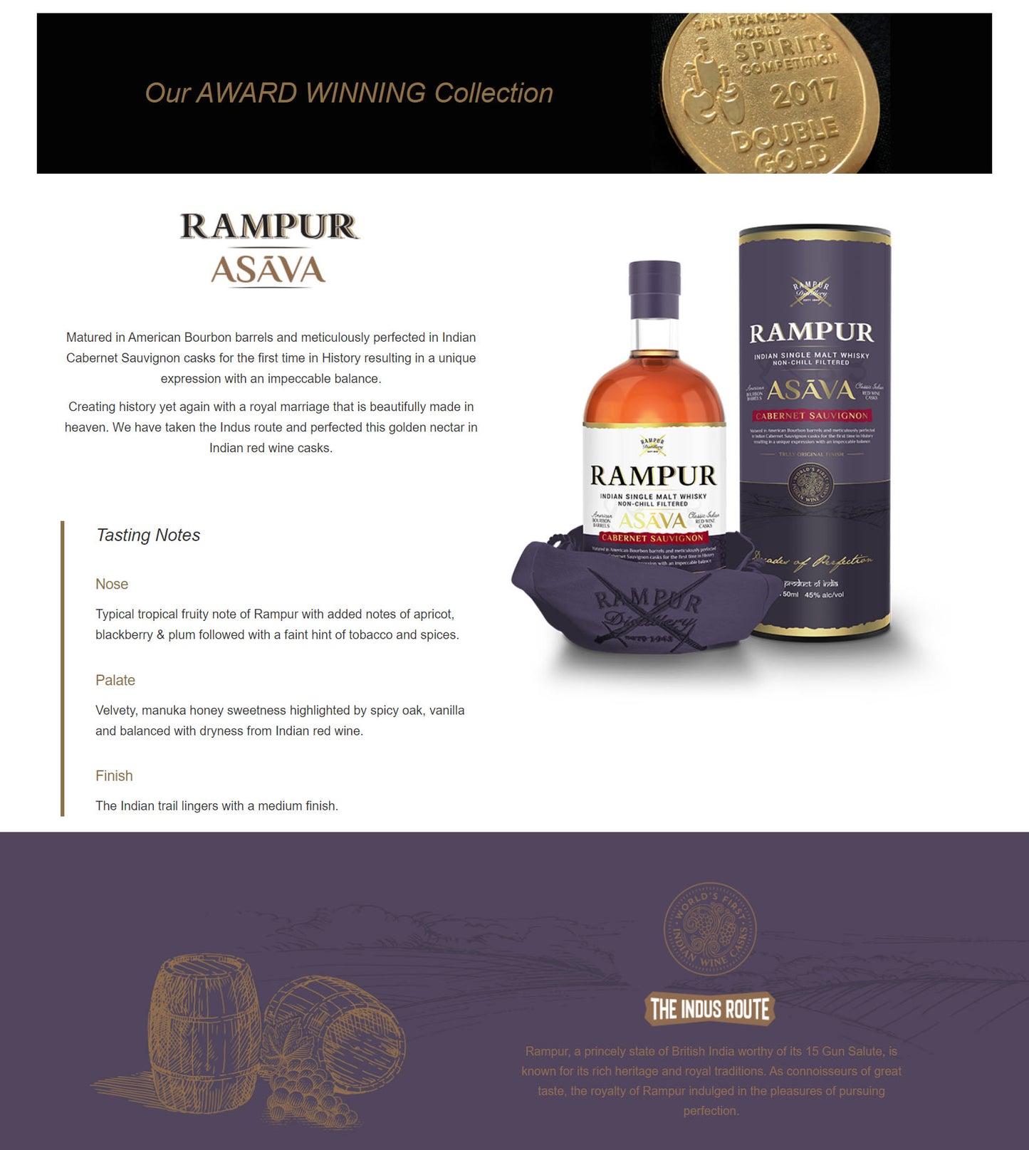 Rampur Asava Cabernet Sauvignon Matured In American Bourbon Barrels Indian Single Malt Whisky ABV 45% Vol 700ml / 70cl