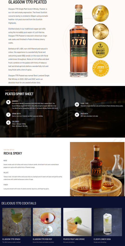 Glasgow 1770 Peated Rich & Smoky Single Malt Scotch Whisky ABV 46% 700ml with Gift Box