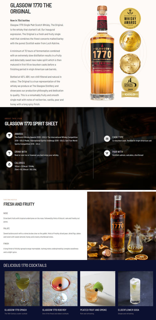 Glasgow 1770 The Original Fresh & Fruity Single Malt Scotch Whisky ABV 46% 700ml with Gift Box