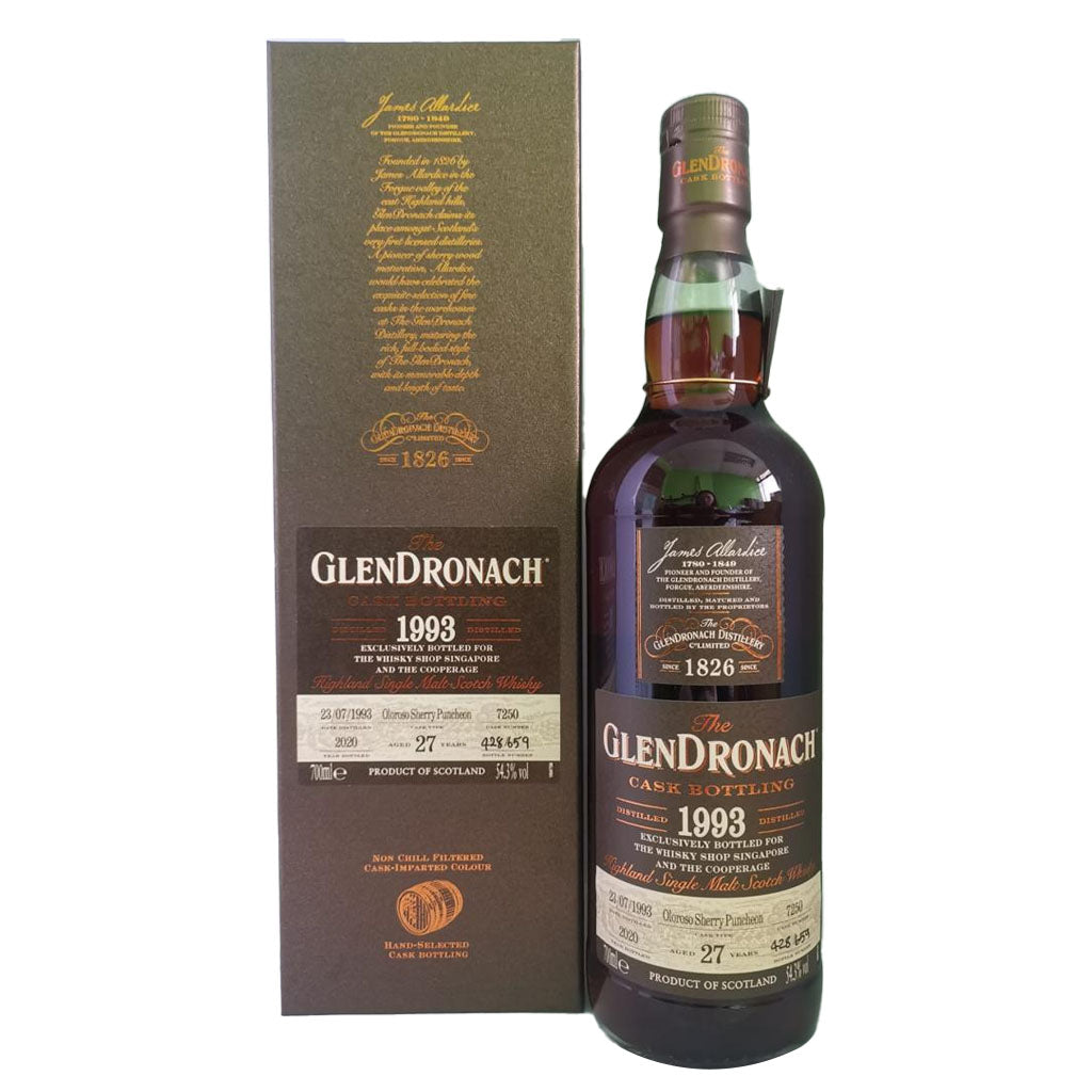 The Glendronach 27 Year Old Distilled 1993 Oloroso Sherry Puncheon Single Cask The Whisky Shop Singapore Exclusive Highland Single Malt Scotch Whisky ABV 54.3% Vol 70cl / 700ml (Random Bottle Number)