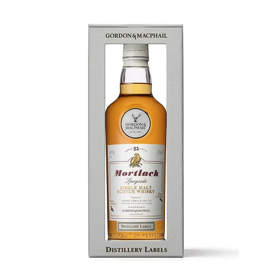 Mortlach Distillery Dufftown 25 Year Old Matured and Bottled by Gordon & Macphail Sherry Cask Distillery Labels Speyside Single Malt Scotch Whisky ABV 46% Vol 70cl / 700ml