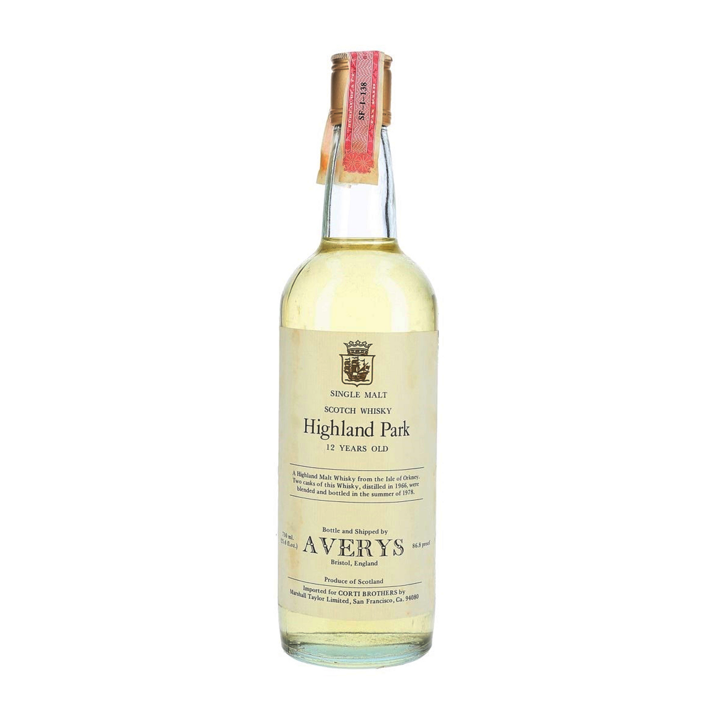 Highland Park Distilled 1966 Bottled 1987 12 Year Old Averys for Corti Single Malt Scotch Whisky 86.8 Proof ABV 43.1% Vol 700ml / 70cl