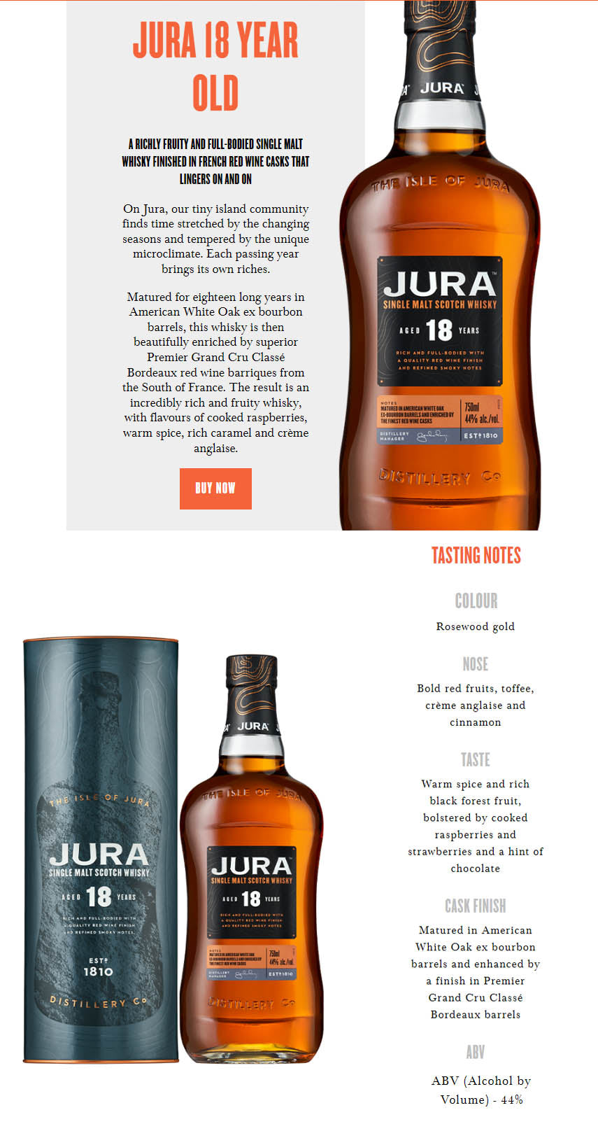 Jura 18 Year Old Matured in American White Oak Ex-Bourbon Barrels and Enriched by the Finest Red Wine Casks Island Single Malt Scotch Whisky ABV 44% Vol 70cl / 700ml