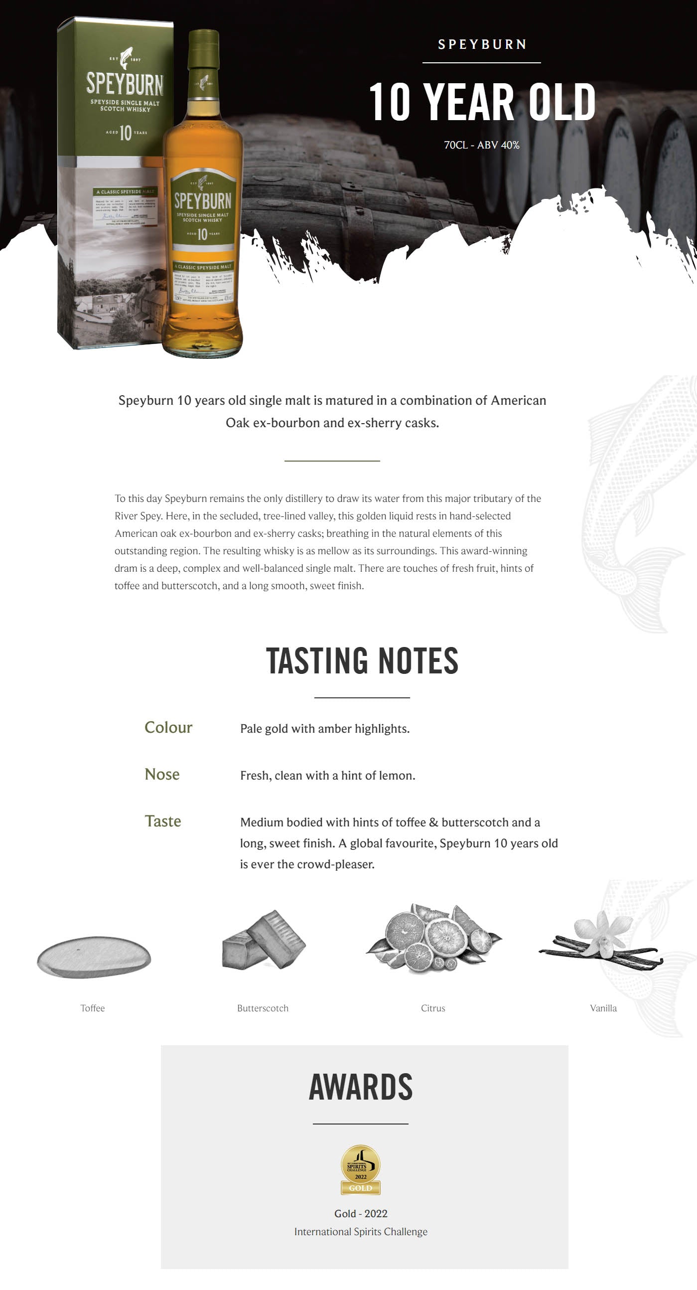 Speyburn 10 Year Old Classic Speyside Malt Speyside Single Malt Scotch Whisky ABV 40% Vol 70cl / 700ml