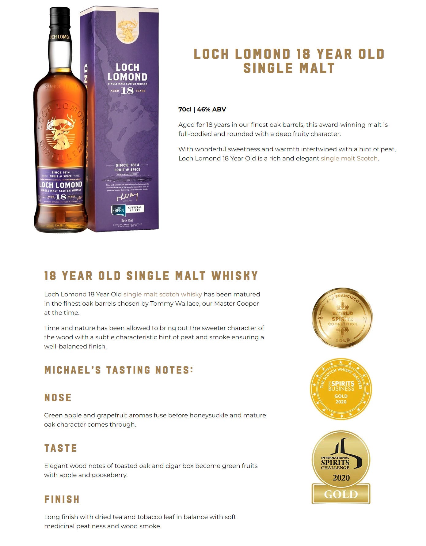 Loch Lomond 18 Year Old in Specially Selected American Oak Casks Fruit and Spice Highland Single Malt Scotch Whisky ABV 46% Vol 70cl / 700ml