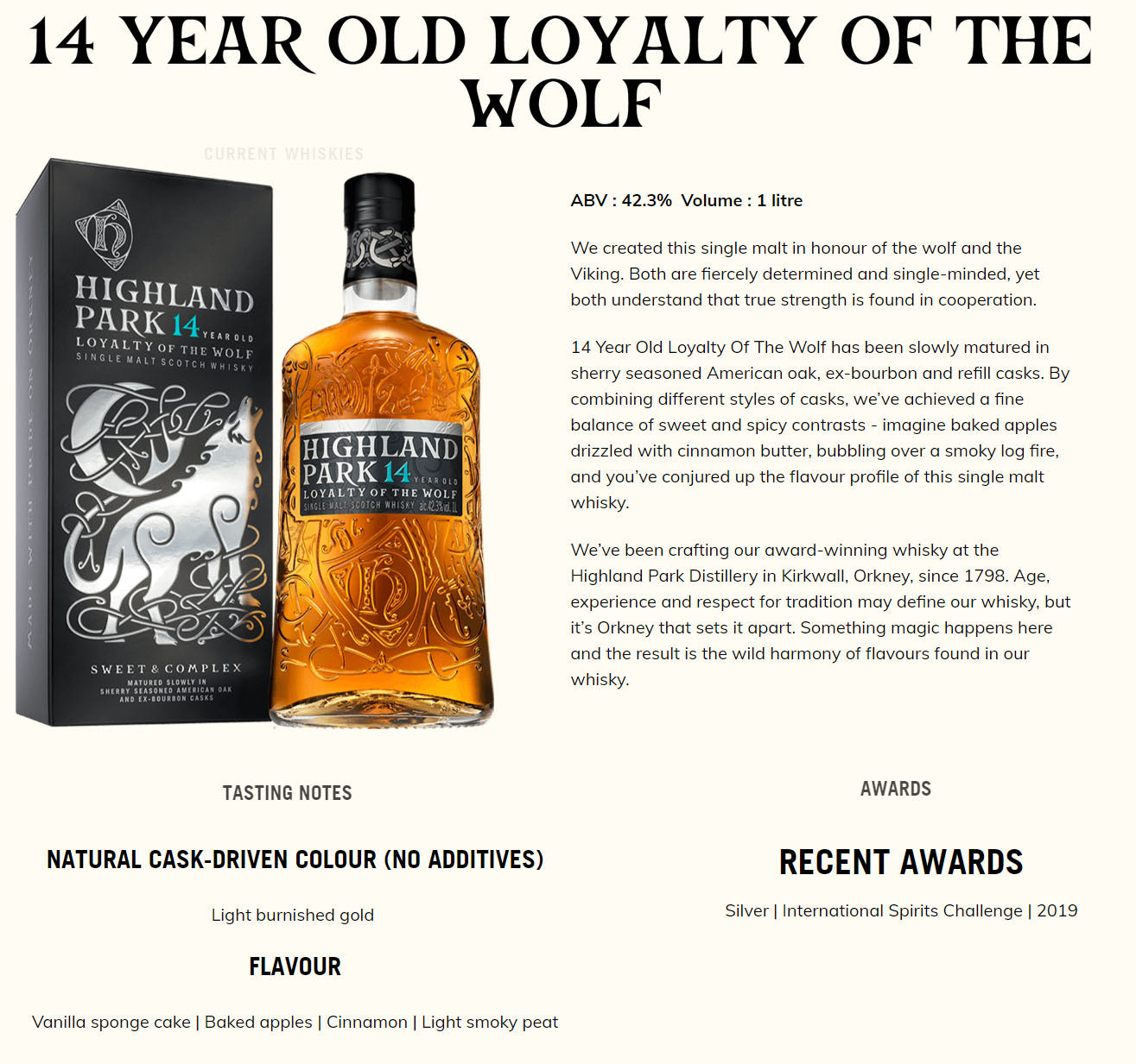 Highland Park 14 Year Loyalty Of The Wolf Matured in Sherry Seasoned American Oak and Ex-Bourbon Casks Kirkwall Isle of Orkney Single Malt Scotch Whisky ABV 42.3% Vol 100cl / 1000ml / 1L
