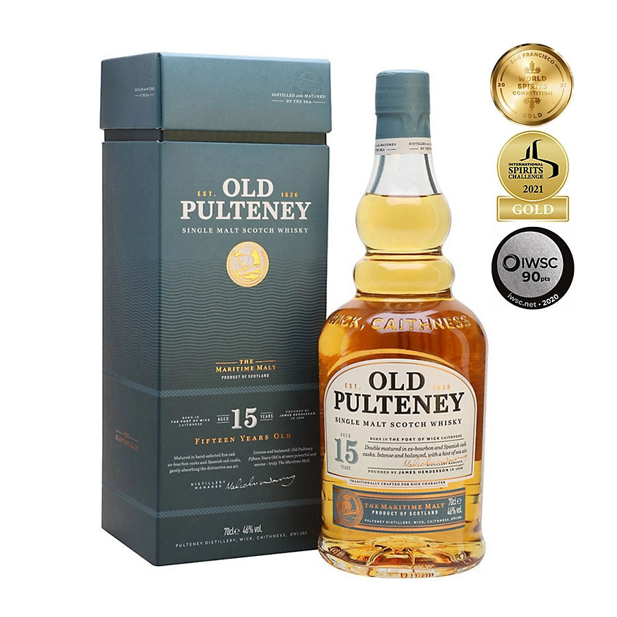 Old Pulteney 15 Year Double Matured in Ex-Bourbon and Spanish Oak Cask Highland Single Malt Scotch Whisky ABV 46% Vol 70cl / 700ml (With Gift Box)