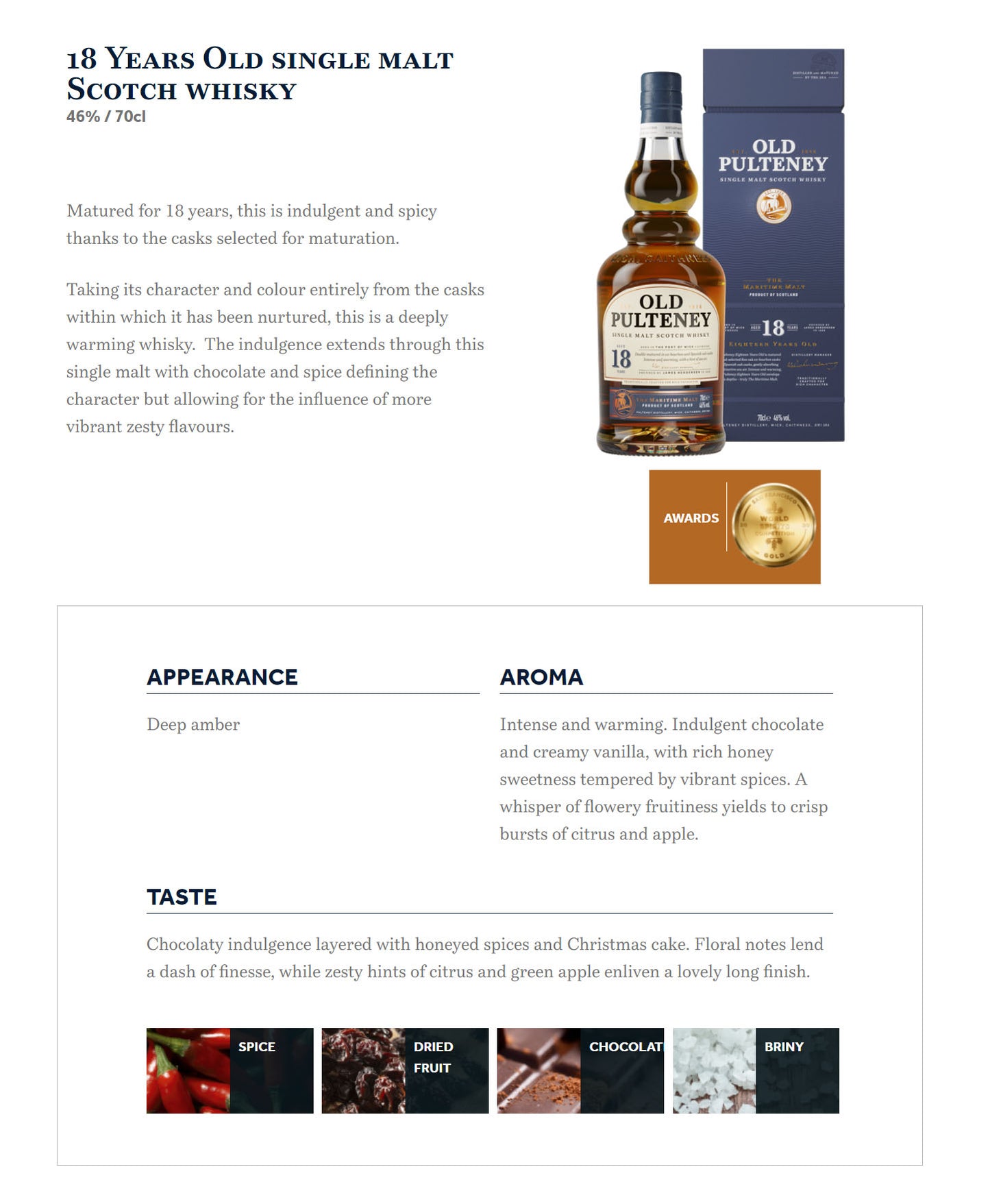 Old Pulteney 18 Year Old Double Matured in Ex-Bourbon and Spanish Oak Cask Highland Single Malt Scotch Whisky ABV 46% Vol 70cl / 700ml (With Gift Box)