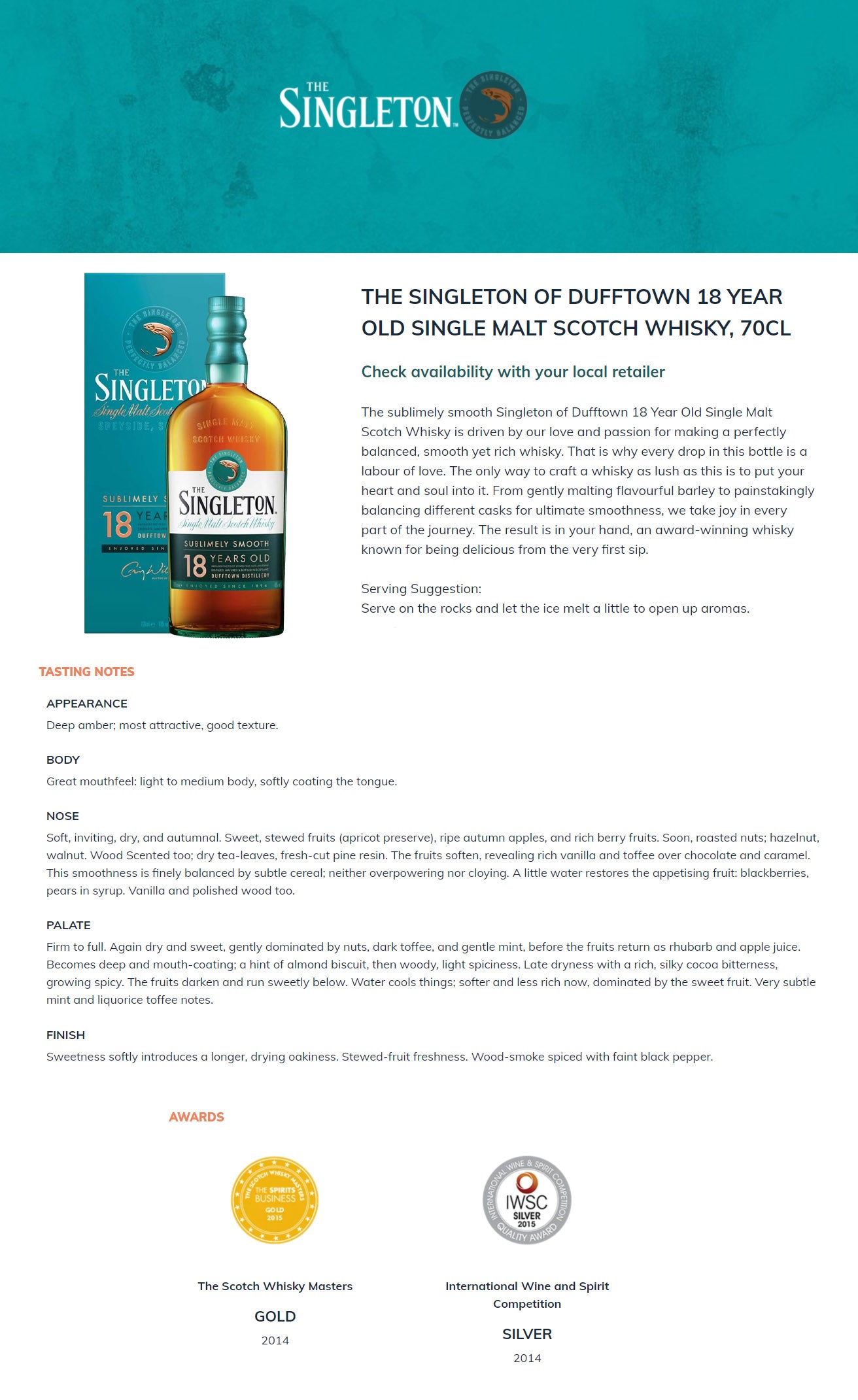 The Singleton Dufftown Distillery 18 Years Old Single Malt Scotch Whisky Vol 70cl / 700ml (With Decanter Gift Set. Without Gift Box)