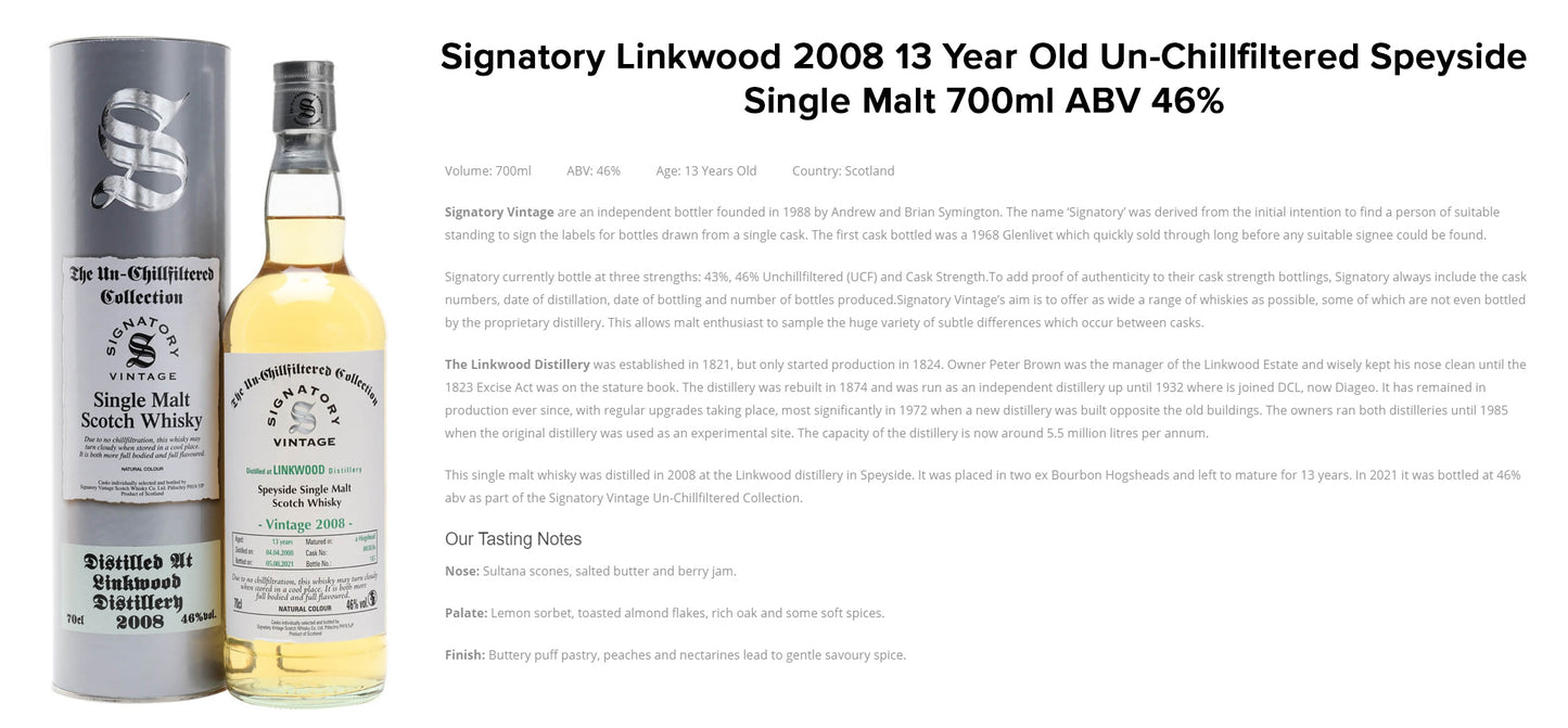 Linkwood 2008 13 Year Old Signatory Vintage Un-Chillfiltered Speyside Single Malt Scotch Whisky ABV 46% Vol 700ml / 70cl