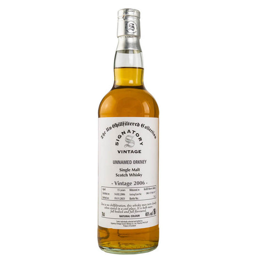Unnamed Orkney Distillery Vintage 2006 15 Year Old Signatory Vintage Un-Chillfiltered Collection Island Single Malt Scotch Whisky ABV 46% Vol 700ml / 70cl