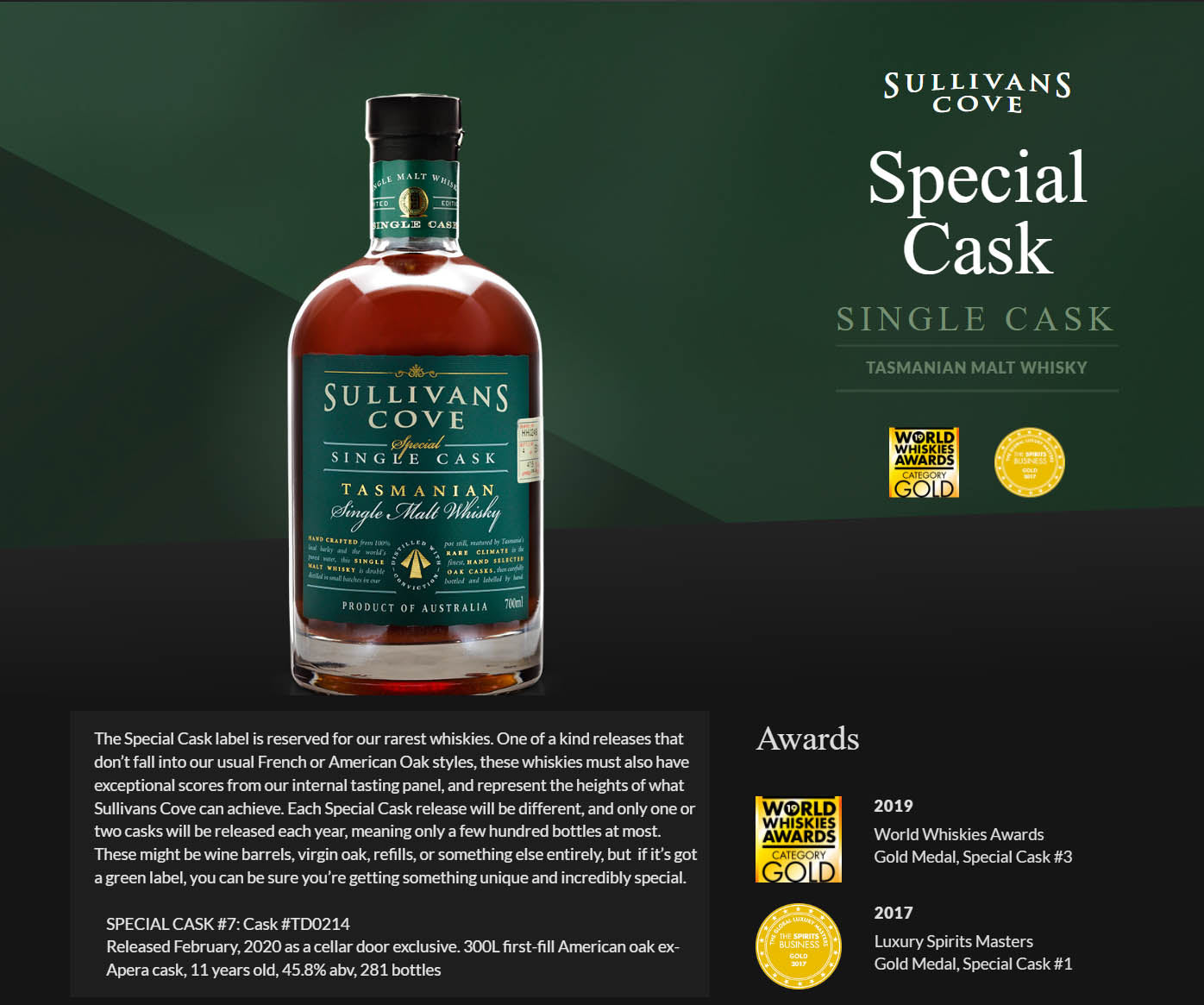 Sullivans Cove 2007 11 Year Old American Oak Ex-Apera Single Cask Tasmanian Single Malt Australian Whisky ABV 45.8% Vol 70cl / 700ml