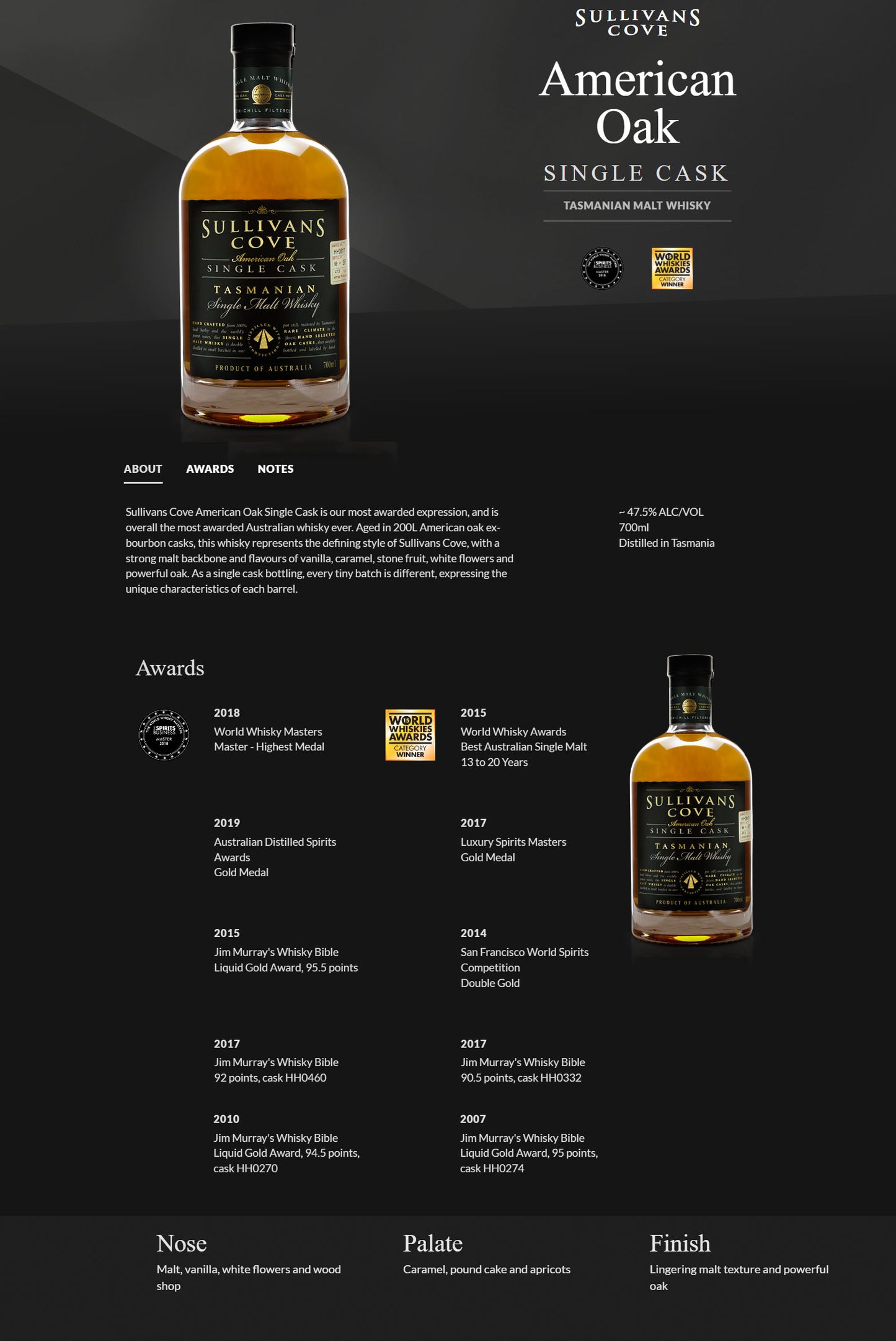 Sullivans Cove 2006 14 Year Old American Oak Ex-Bourbon Single Cask Tasmanian Single Malt AustralianWhisky ABV 47.2% Vol 70cl / 700ml