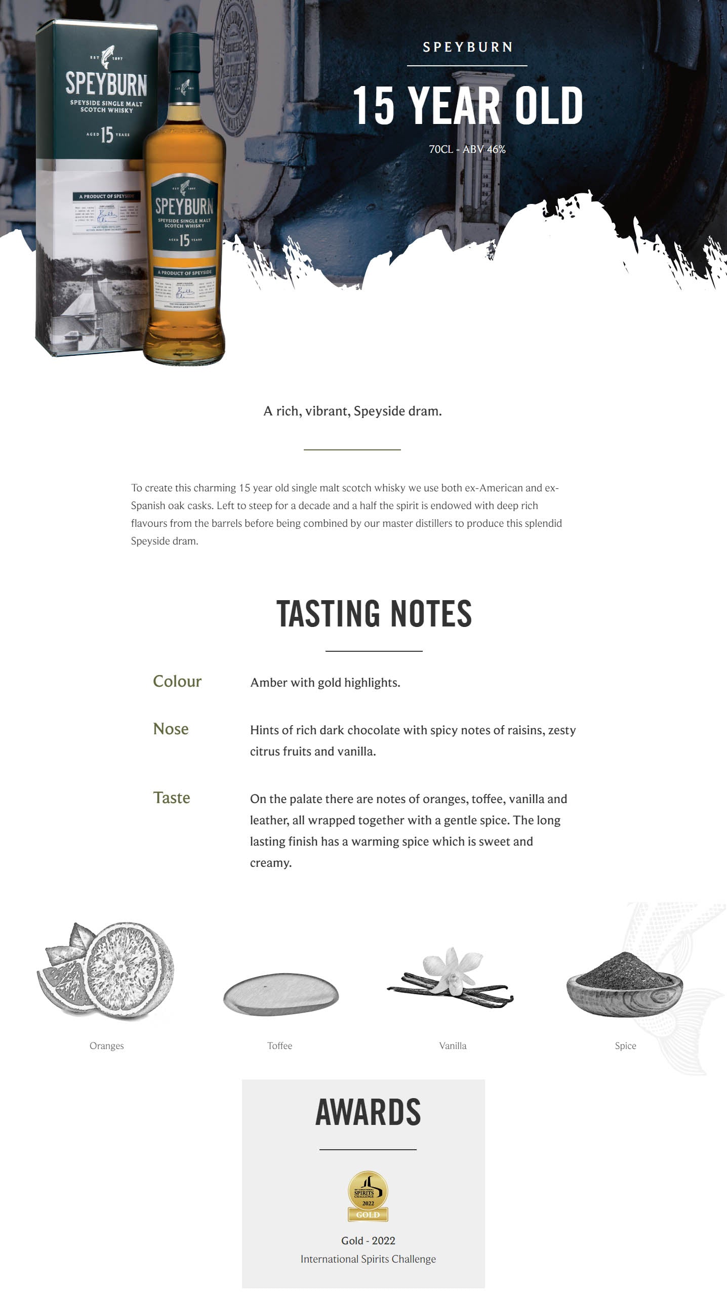 Speyburn 15 Year Old Speyside Single Malt Scotch Whisky ABV 46% Vol 70cl / 700ml