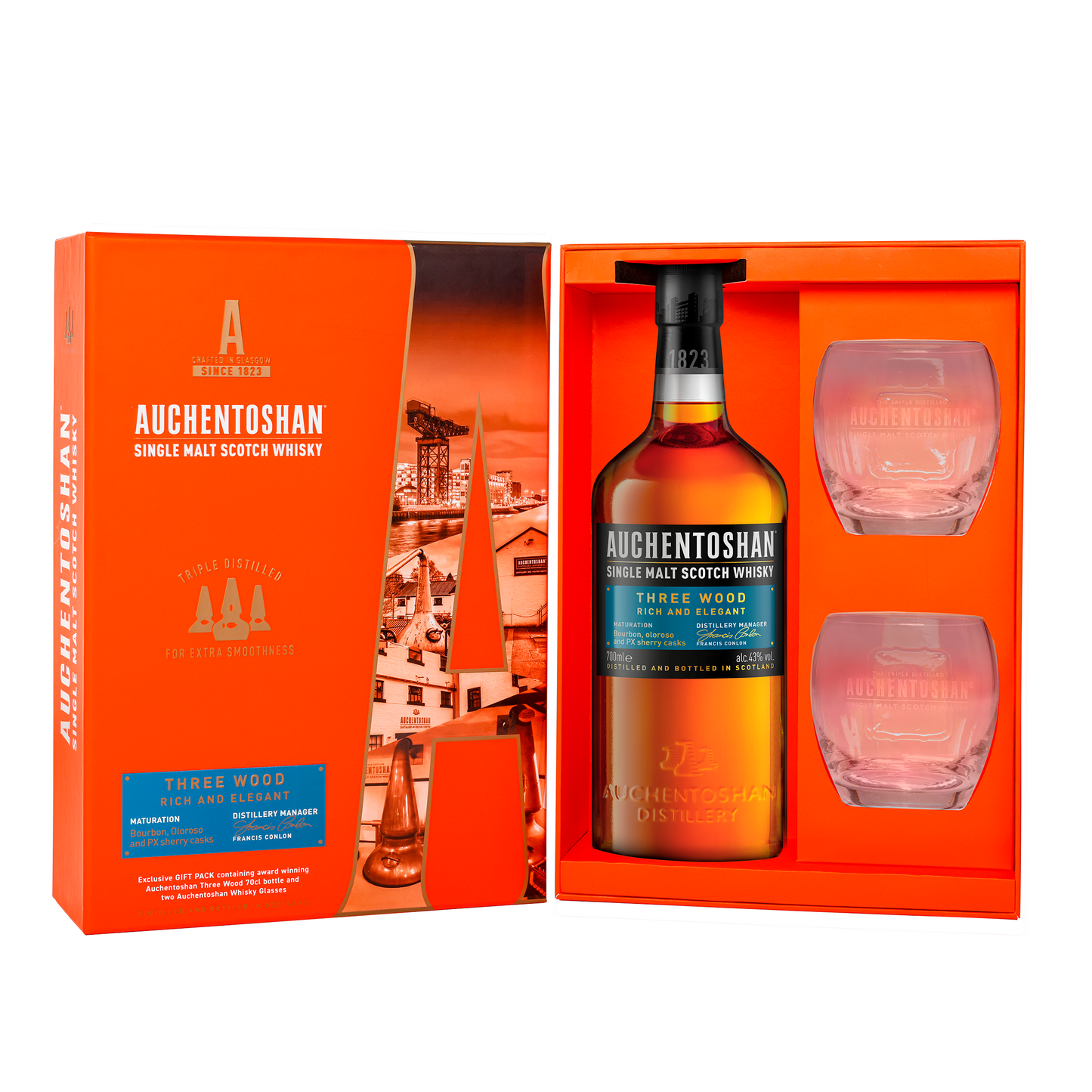 Auchentoshan Three Wood Rich & Elegant Lowland Single Malt Scotch Whisky Gift Set with 2 Glasses Gift Pack ABV 43% Vol 70cl / 700ml